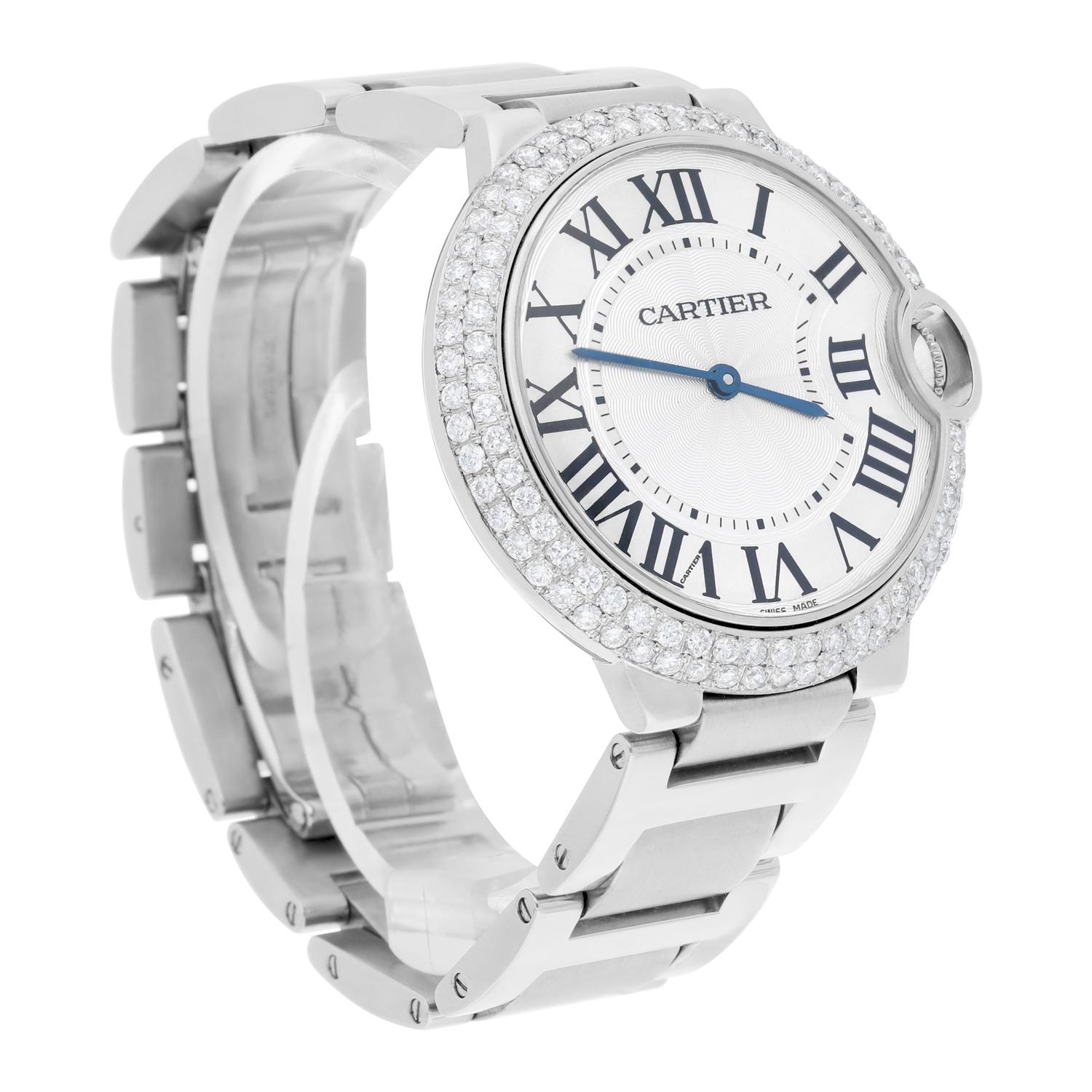 Cartier Ballon Bleu W69011Z4 36mm Unisex Watch Custom Diamond Bezel For Sale 3