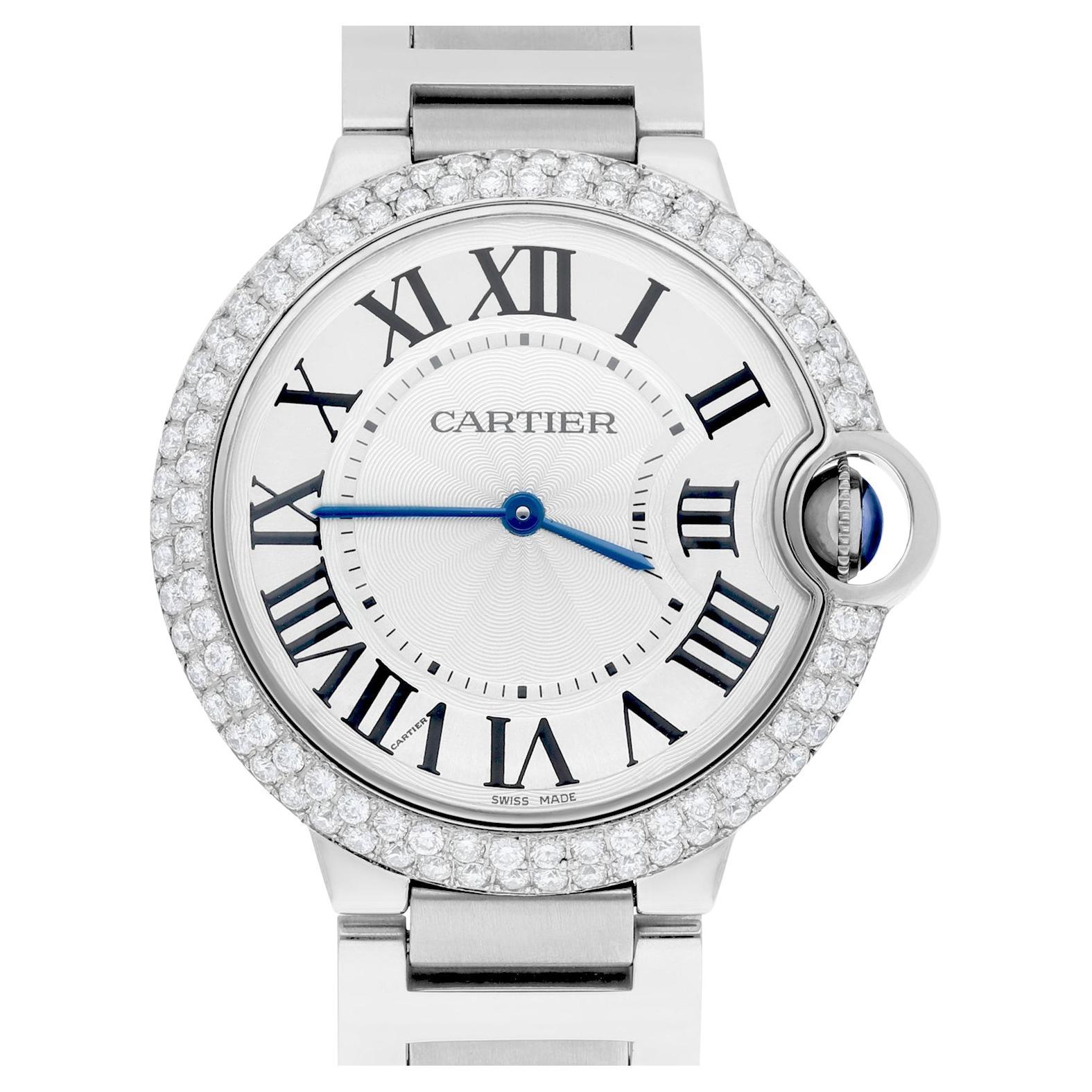 Cartier Ballon Bleu W69011Z4 36mm Unisex Watch Custom Diamond Bezel For Sale