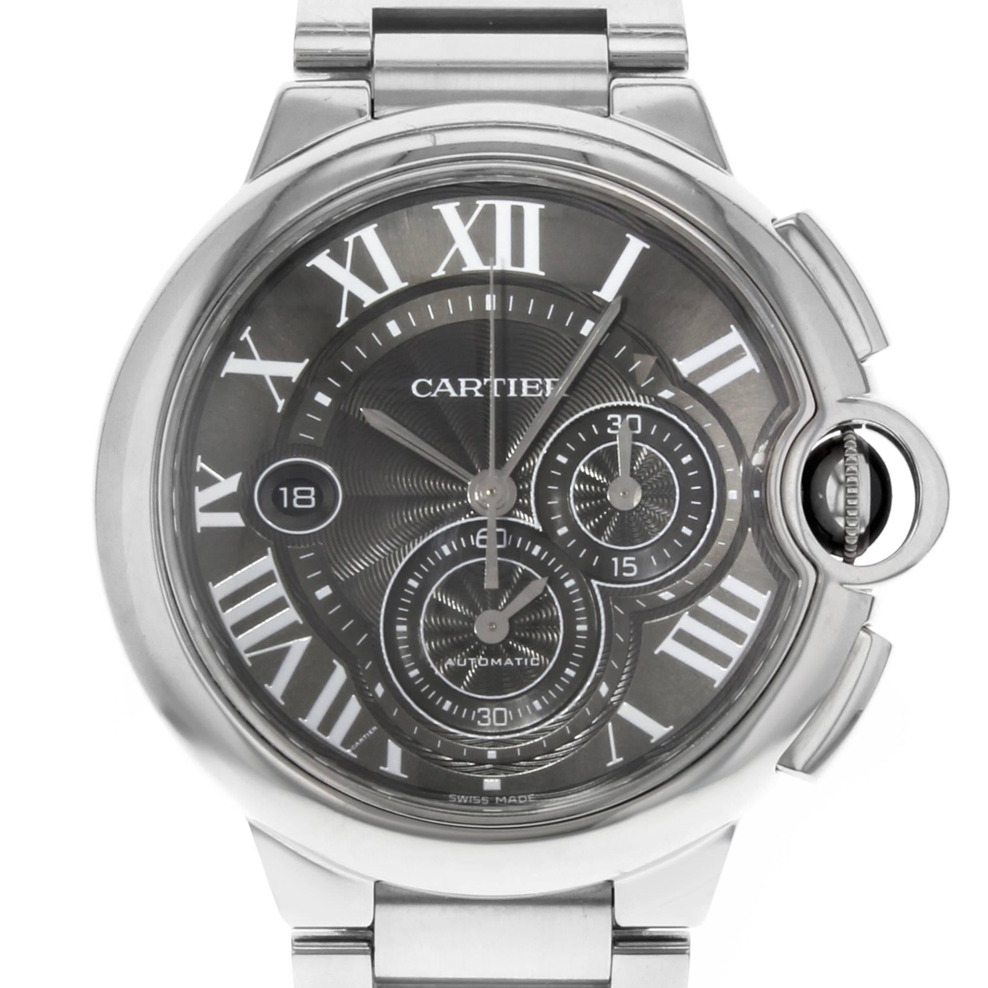 This pre-owned Cartier Ballon Bleu W6920025  is a beautiful men's timepiece that is powered by an automatic movement which is cased in a stainless steel case. It has a round shape face, chronograph, date, small seconds subdial dial and has hand