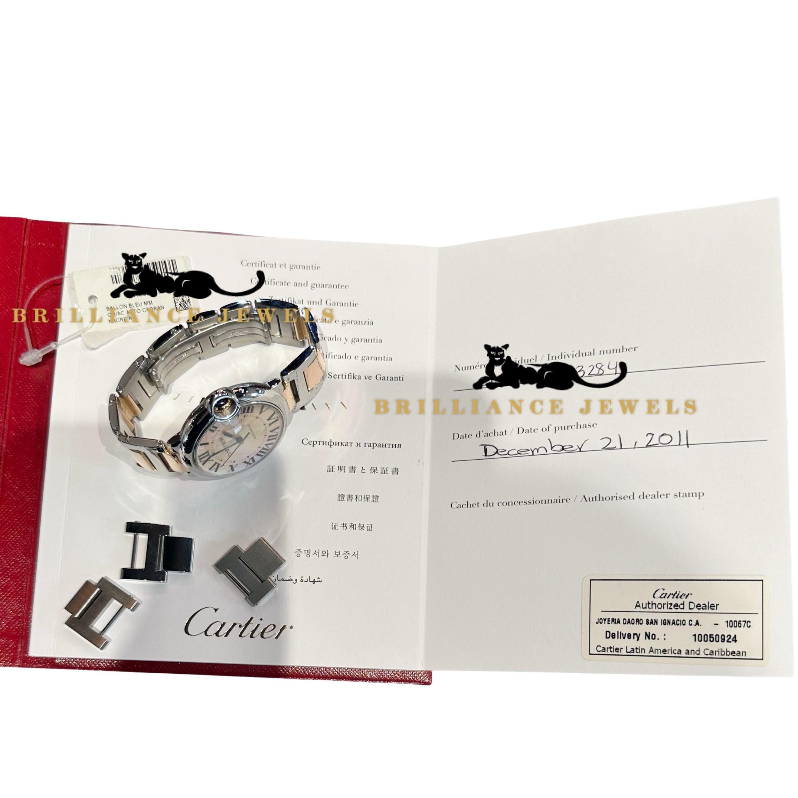 Women's Cartier Ballon Bleu W6920033 Mother of Pearl Steel/18k Rose Gold 36mm Watch For Sale