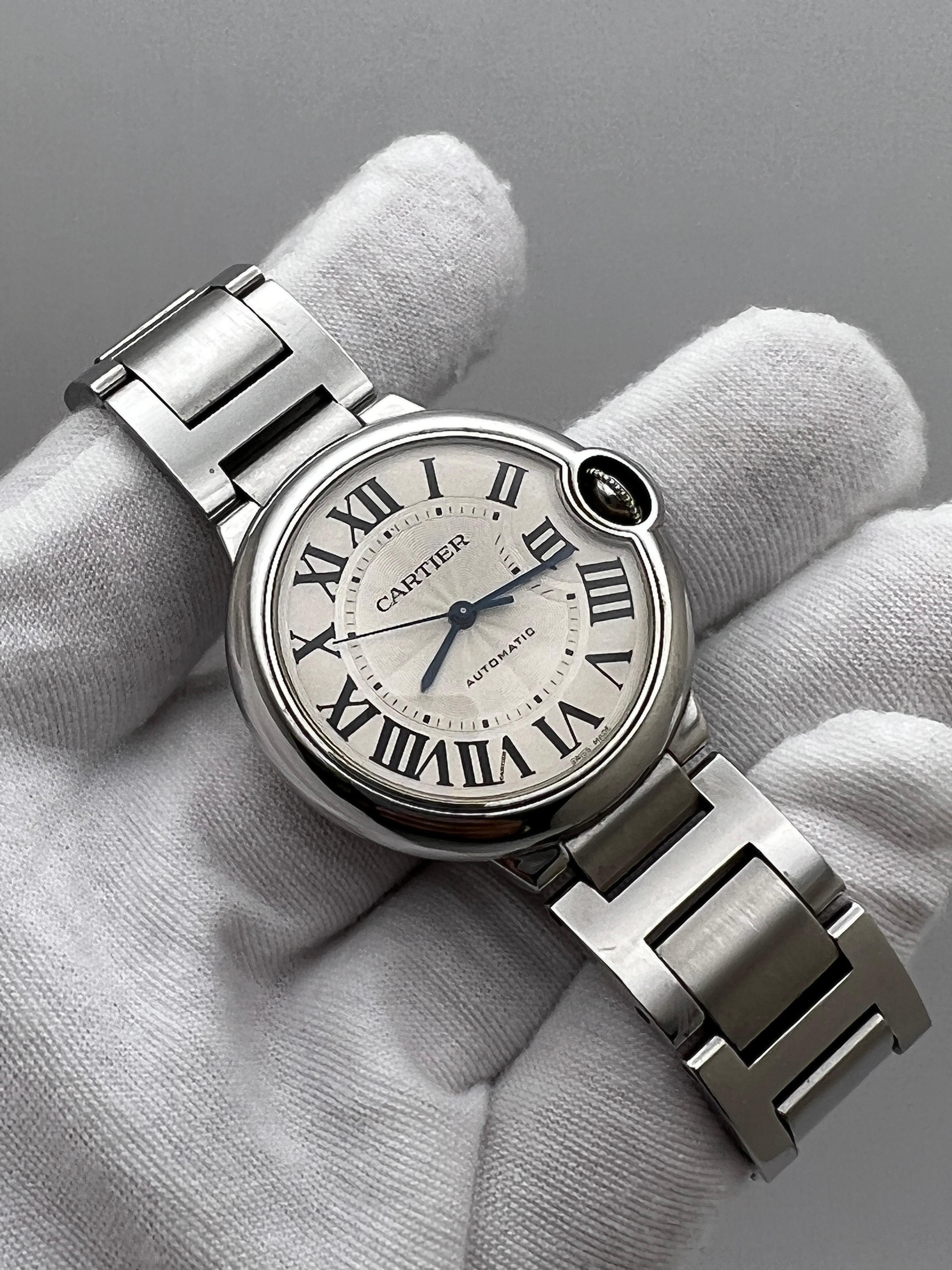 Cartier Ballon Bleu W6920046 36mm Guilloche Silver Dial Steel Automatic Watch In Excellent Condition For Sale In New York, NY
