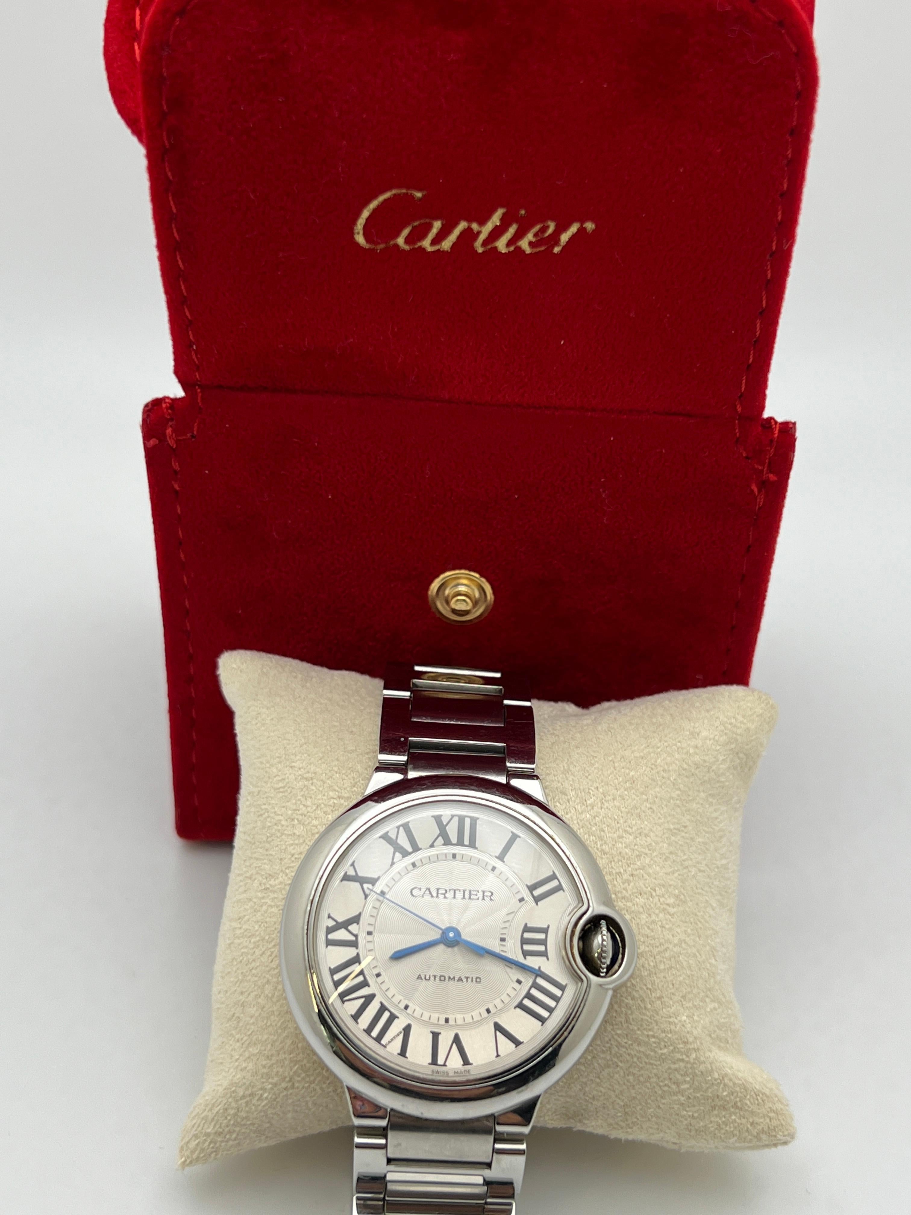 Women's or Men's Cartier Ballon Bleu W6920046 36mm Guilloche Silver Dial Steel Automatic Watch For Sale
