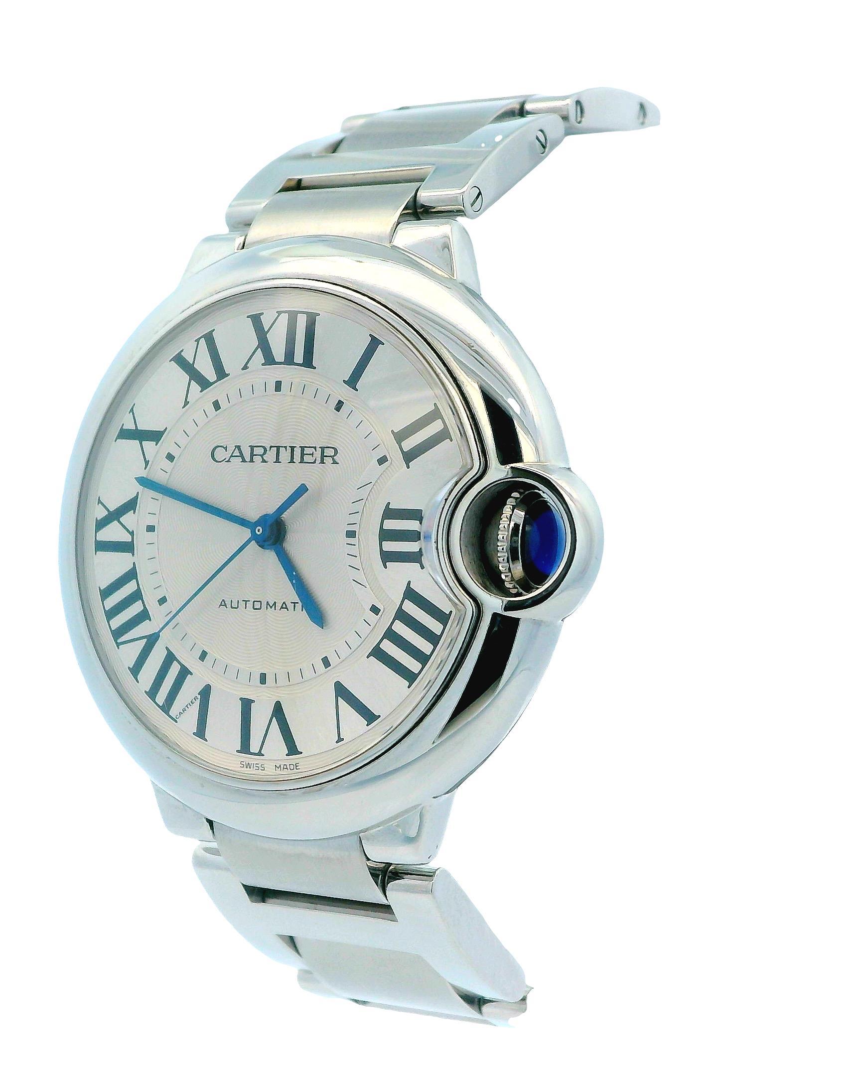 The Cartier Ballon Bleu 3284 Men's Watch is a sophisticated timepiece that blends elegance with functionality. It features a 36mm stainless steel case and bezel, providing durability and a sleek look. The silver dial showcases blue steel hands and