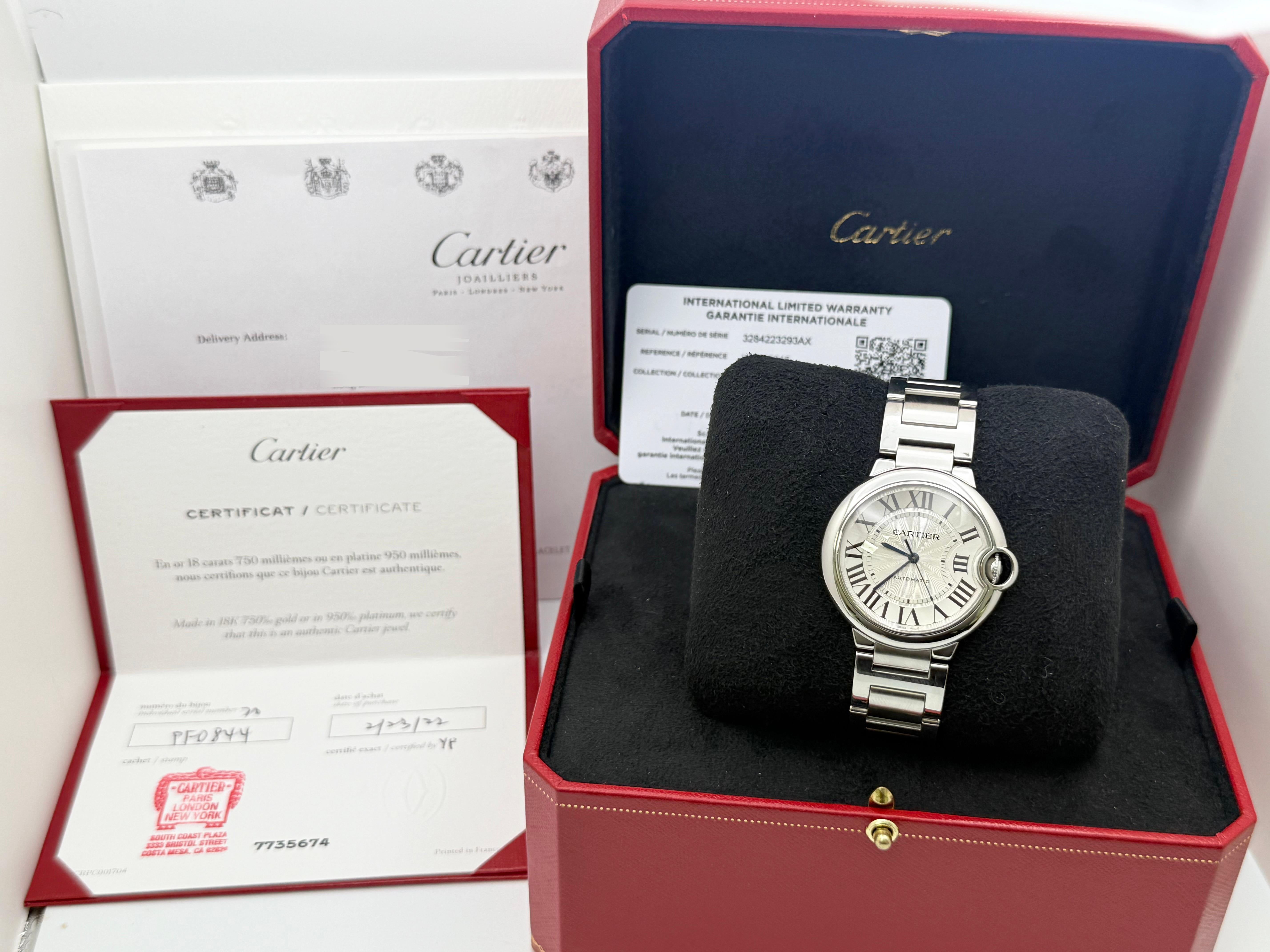 Cartier Ballon Bleu W6920046 Acero inoxidable Esfera plateada 36mm 2020 en Excelente estado para la venta en San Diego, CA