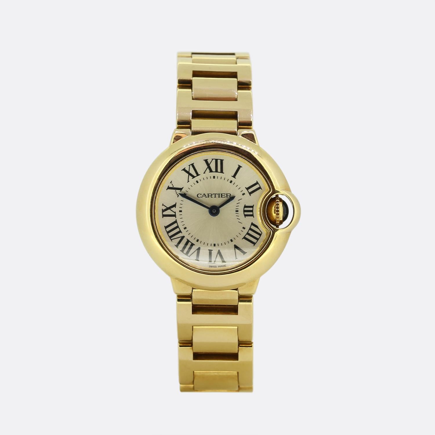 Here we have a Cartier Ballon Bleu ladies wristwatch. This exquisite timepiece showcases a round case crafted from 18ct yellow gold. The dial is adorned with bold Roman numerals and the Cartier signature, highlighting its Swiss-made precision. The