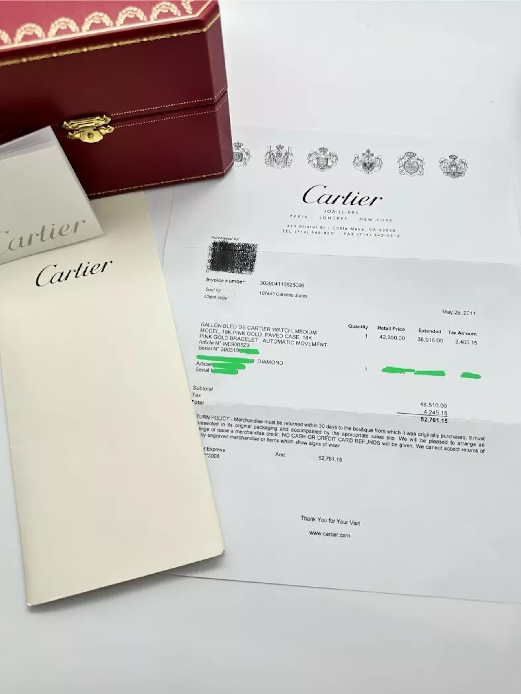 Cartier Ballon Bleu WE9005Z3 36mm Diamant-Lünette 18K Roségold Schachtel mit Diamant-Lünette 2