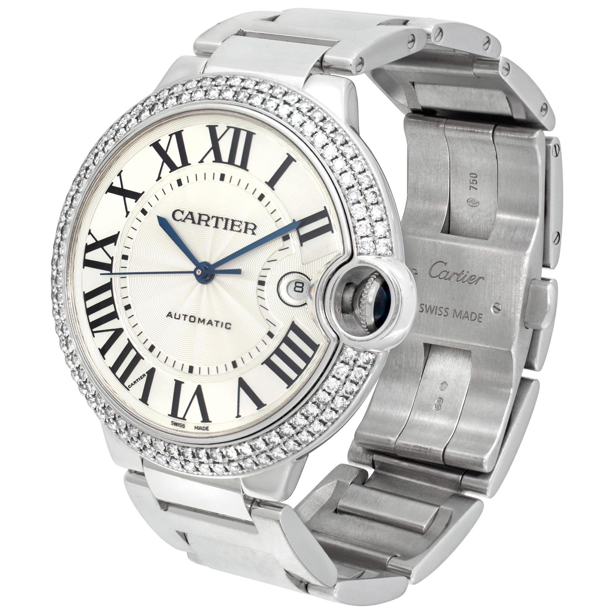 Cartier Ballon Bleu 42 mm in 18k white gold with factory original double row diamond bezel. Diamond carat weight 1.83, color F, clarity VSS1-VS2, 126 stones. Gold gram weight: 196.33. Automatic movement with date and blue sword shaped hands. Comes