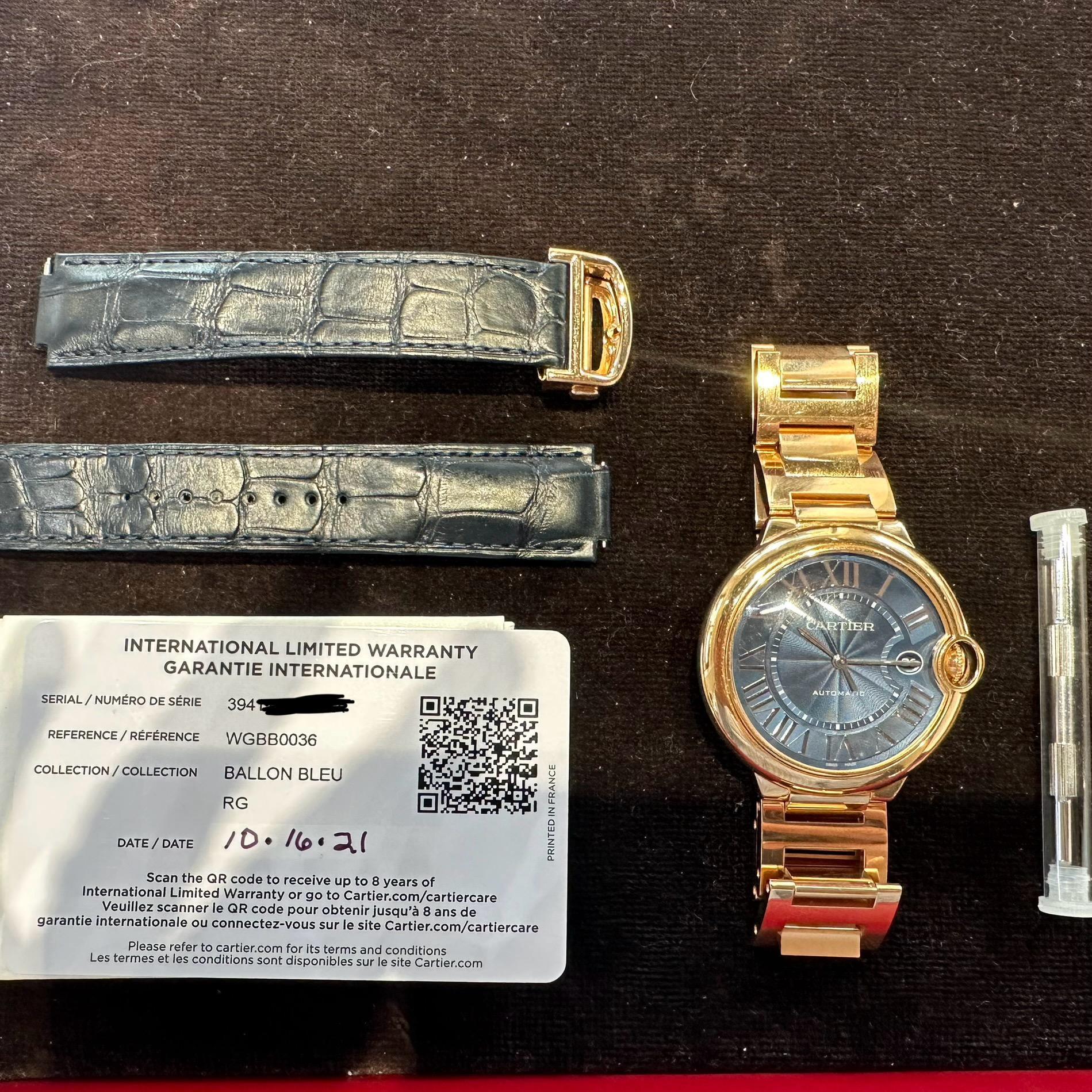 Women's or Men's Cartier Ballon Bleu WGBB0036 Large 18k Rose Gold Blue Dial 42mm Watch (Y-179) For Sale