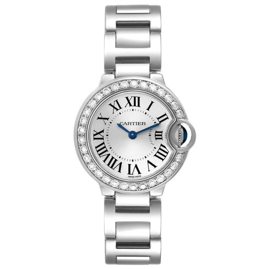 Cartier Ballon Bleu White Gold Diamond Bezel Ladies Watch WE9003Z3 Box Card. Quartz movement. Caliber 057. Round 18K white gold case 28.0 mm in diameter. Case thickness: 9.35 mm. Fluted crown set with a blue sapphire cabochon. 18K white gold bezel