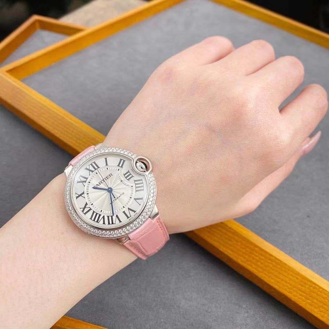 Women's or Men's Cartier Ballon Bleu White Gold Diamond Watch with Pink Alligator Strap WJBB0011