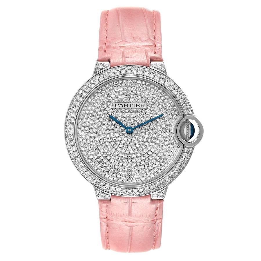 Cartier Ballon Bleu White Gold Pave Diamond Dial Bezel Ladies Watch WE902042 Box Card. Automatic self winding movement. Round 18K white gold 36 mm in diameter. Fluted crown set with a blue spinel cabochon. 18K white gold original Cartier factory