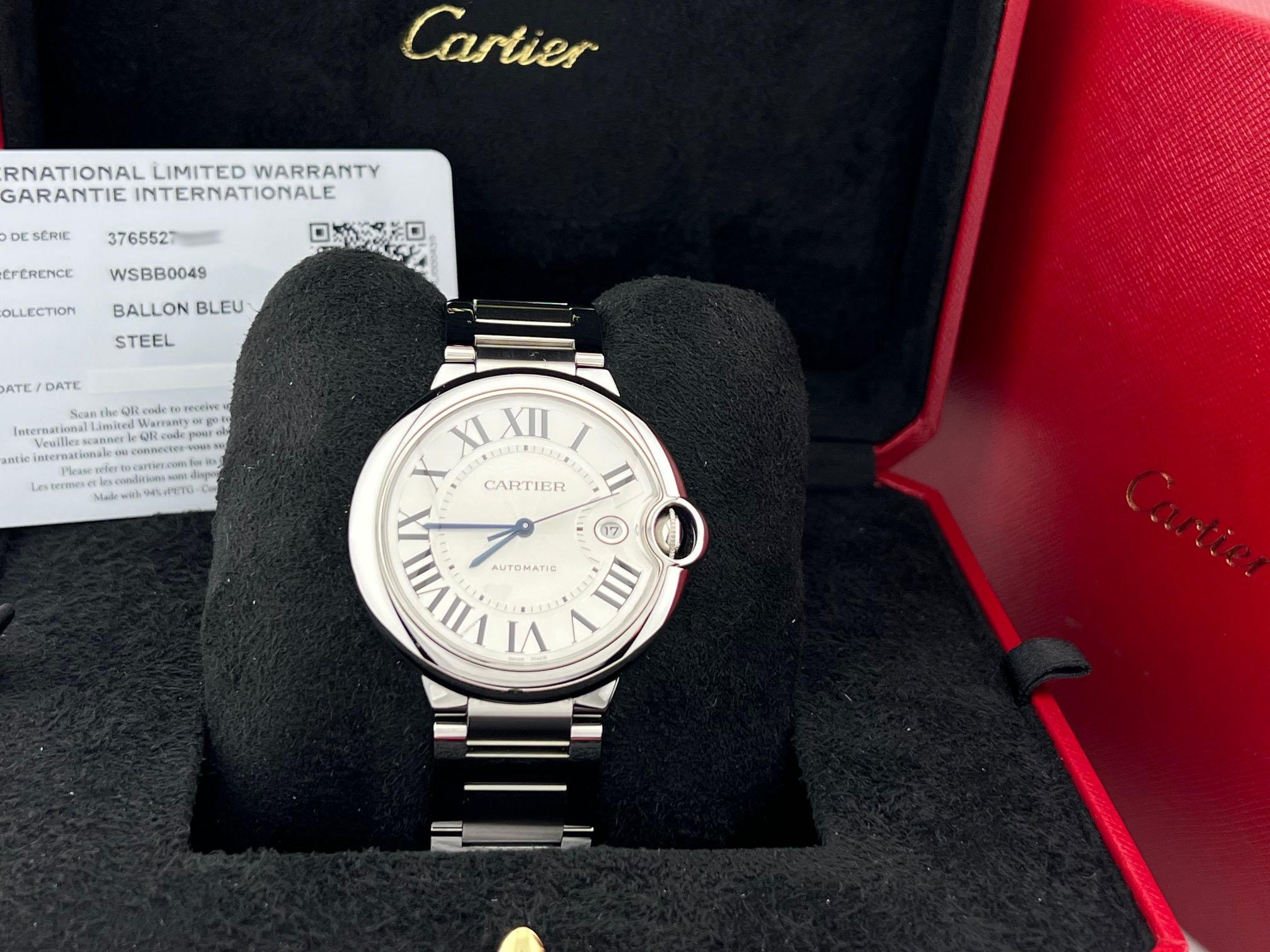Cartier Ballon Bleu WSBB0049 Ref 3765 42mm Quadrante Argento Acciaio Box Paper in vendita 6