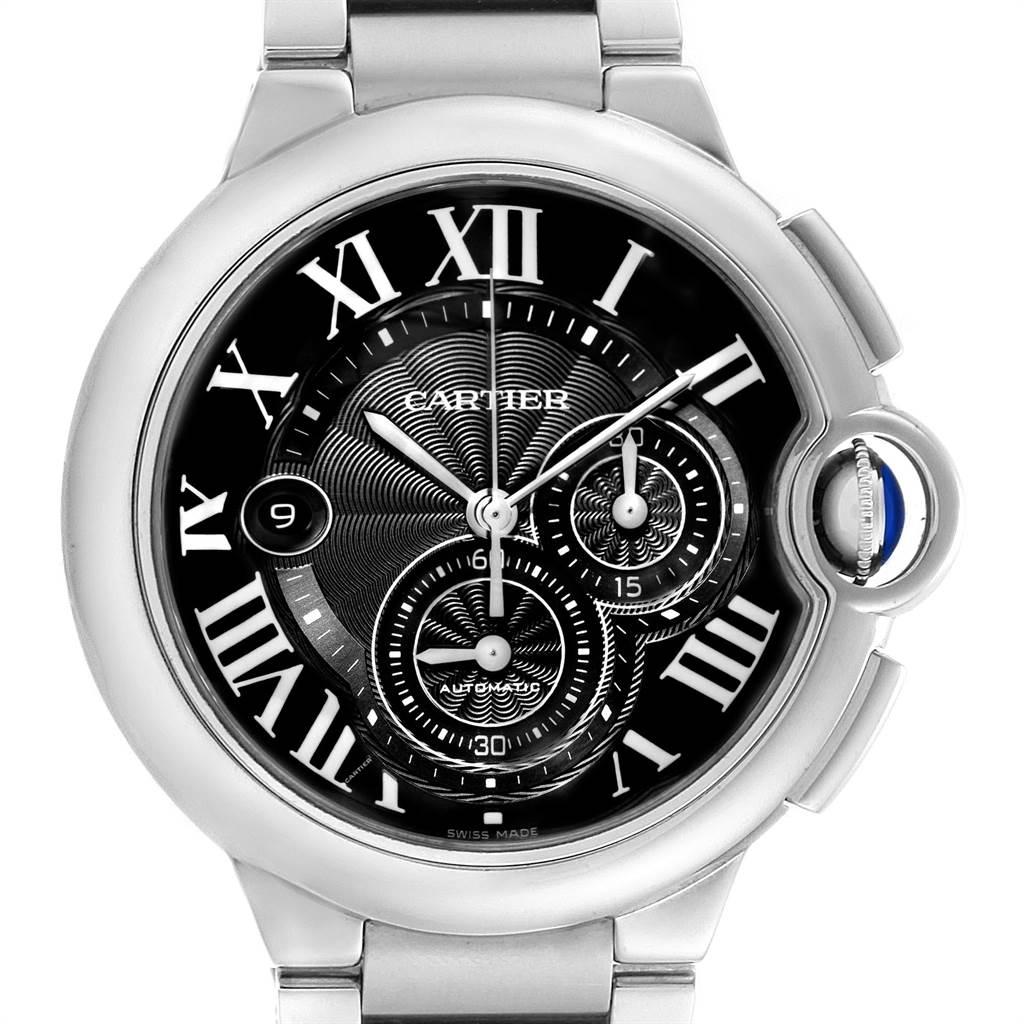Cartier Ballon Bleu XL Black Dial Chronograph Steel Mens Watch W6920077. Automatic self-winding movement. Round stainless steel case 44.0 mm in diameter, 1 3/4 mm thick. Fluted crown set with the blue spinel cabochon. Sapphire crystal exhibition