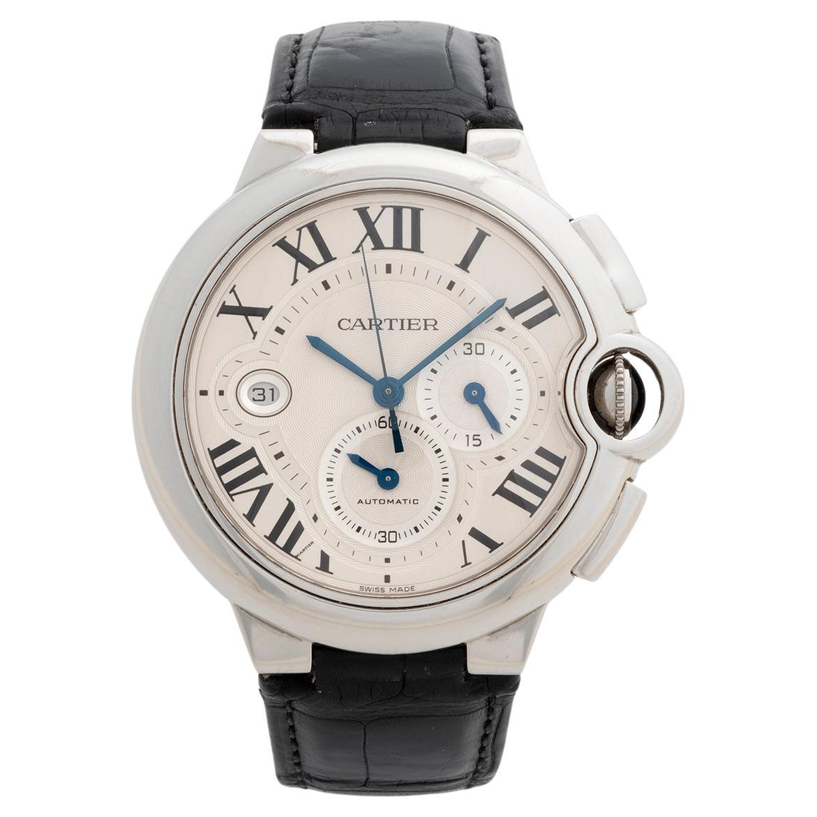 Our rare Cartier Ballon Bleu XL Chronograph features a 42mm stainless steel case with black leather strap and deplyant clasp. Presented in very good condition with only light signs of use overall (but notably to the leather strap, which still has
