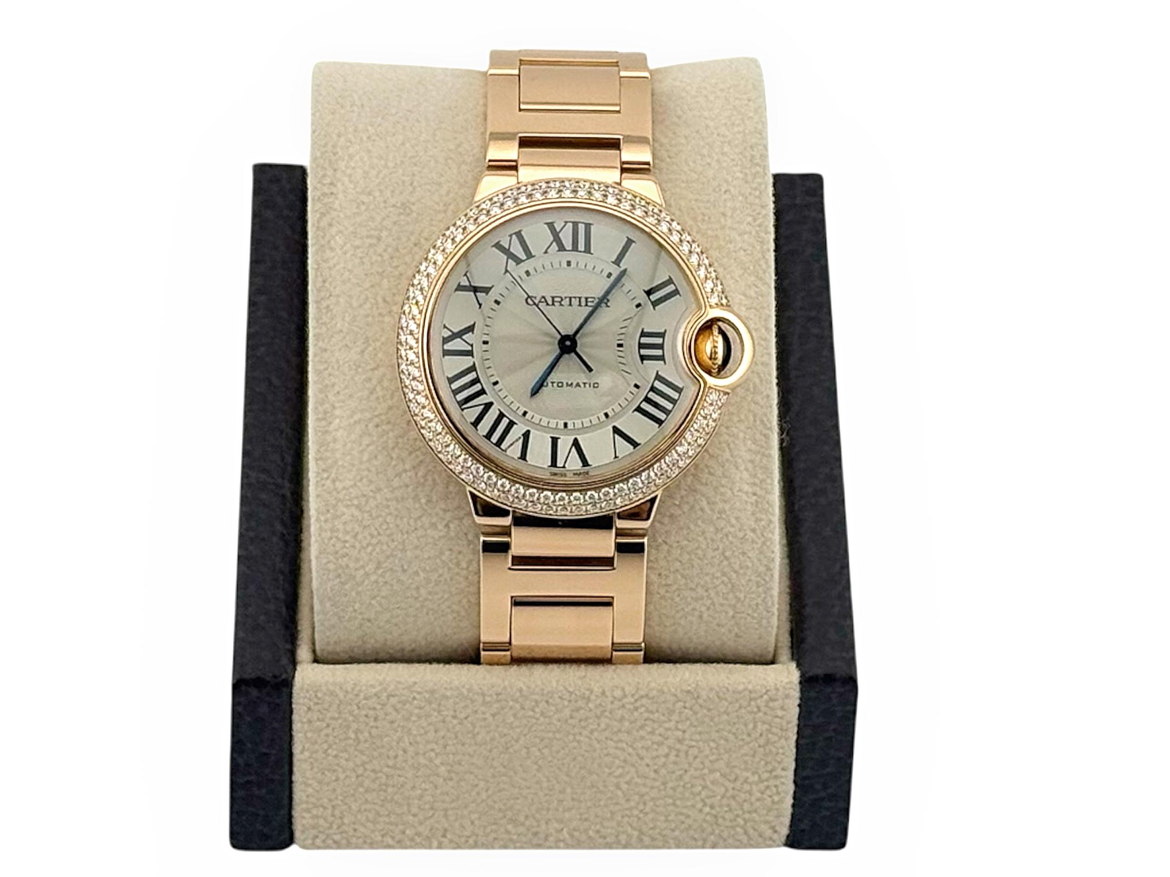 CARTIER Ballon Blue 18k Rose Gold Automatic 36 mm WE9005Z3 Wristwatch For Sale 10