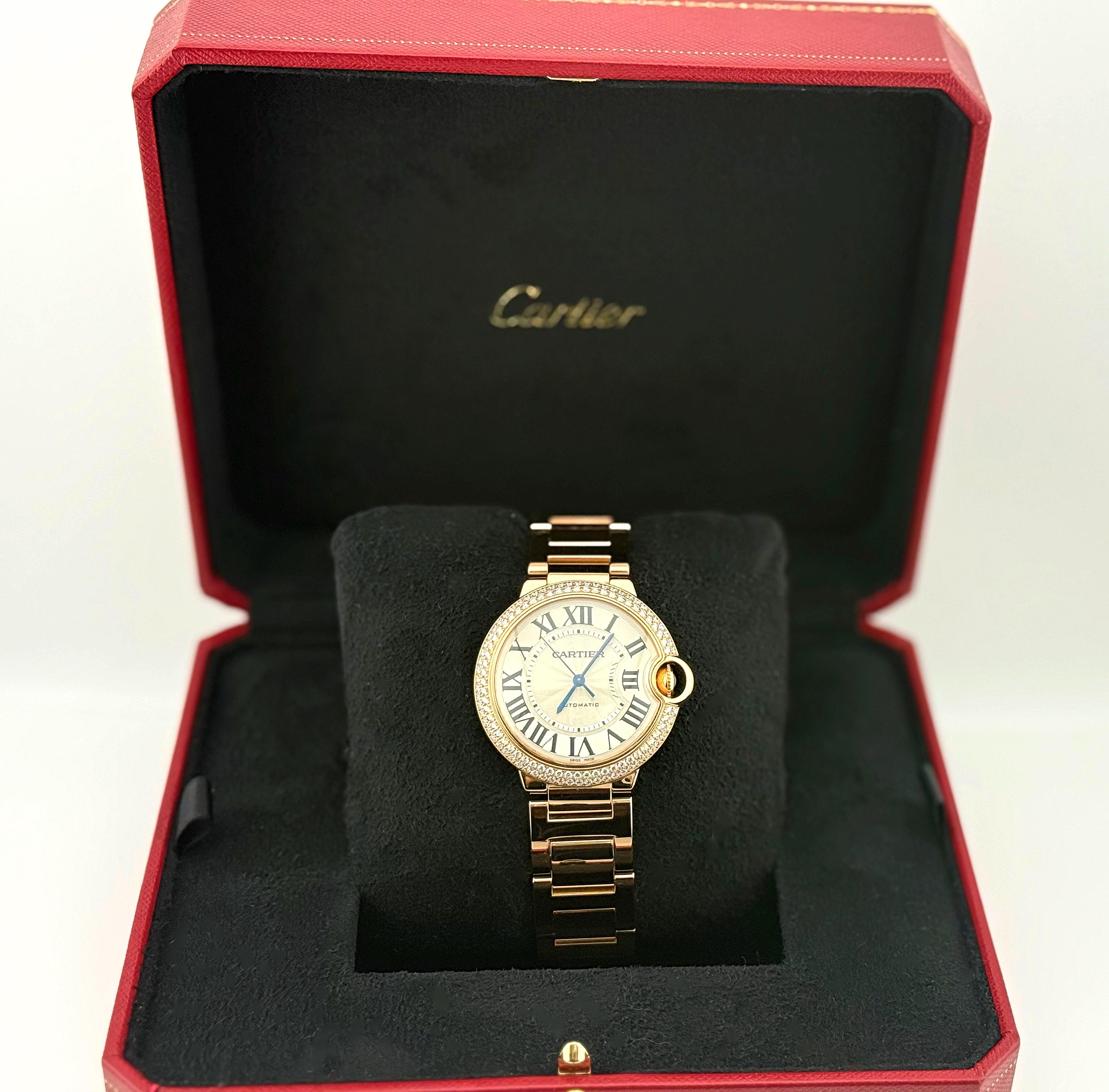 CARTIER Ballon Blue 18k Rose Gold Automatic
Style Number:  WE9005Z3 / 3003
Serial:   1337****
Model:  Ballon Blue
Case Material:  18k Rose Gold
Band: Bracelet
Bezel:  Double Row Diamond 
Dial:  Silver Guilloche
Face: Roman Numerals Hour Markers
Case