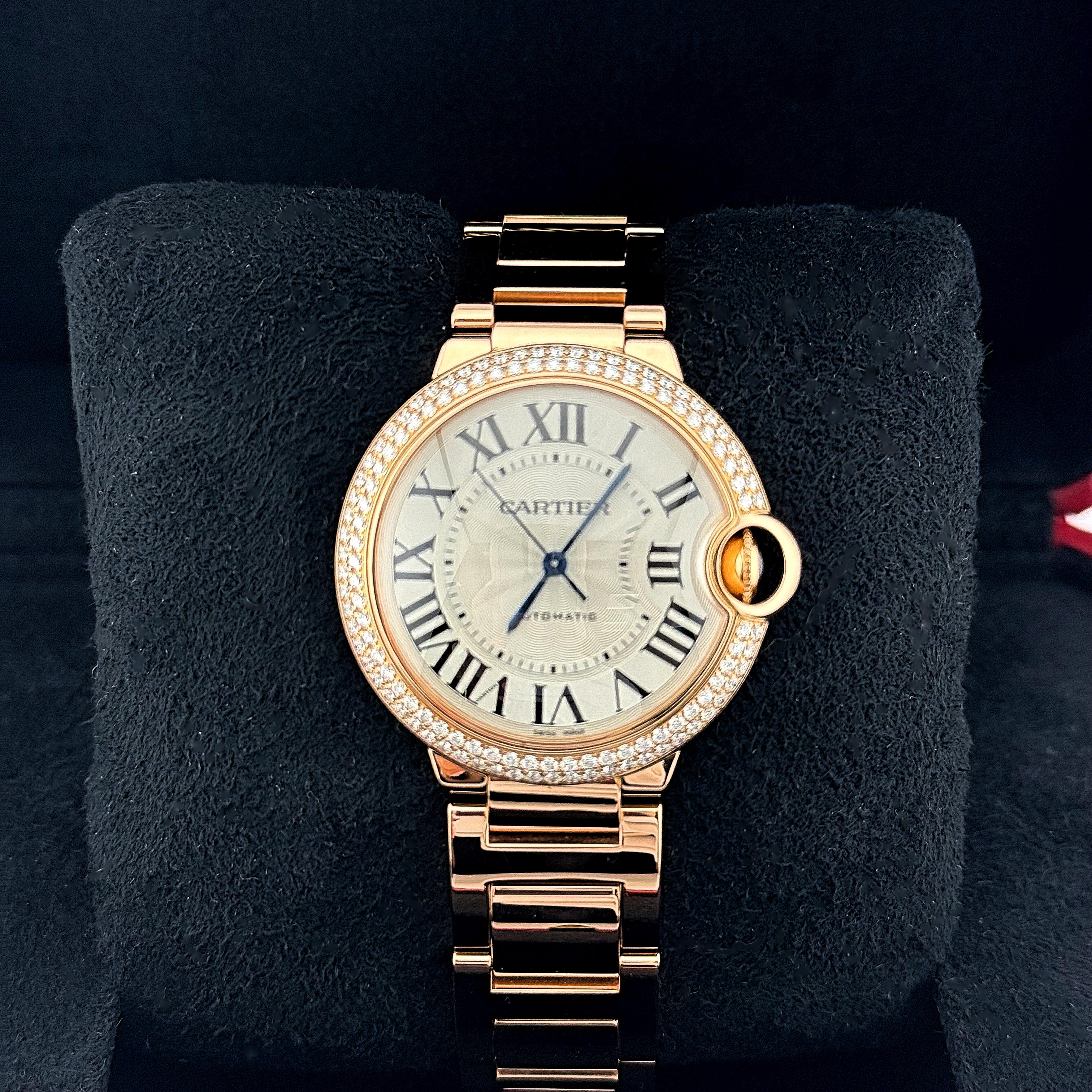 Round Cut CARTIER Ballon Blue 18k Rose Gold Automatic 36 mm WE9005Z3 Wristwatch For Sale