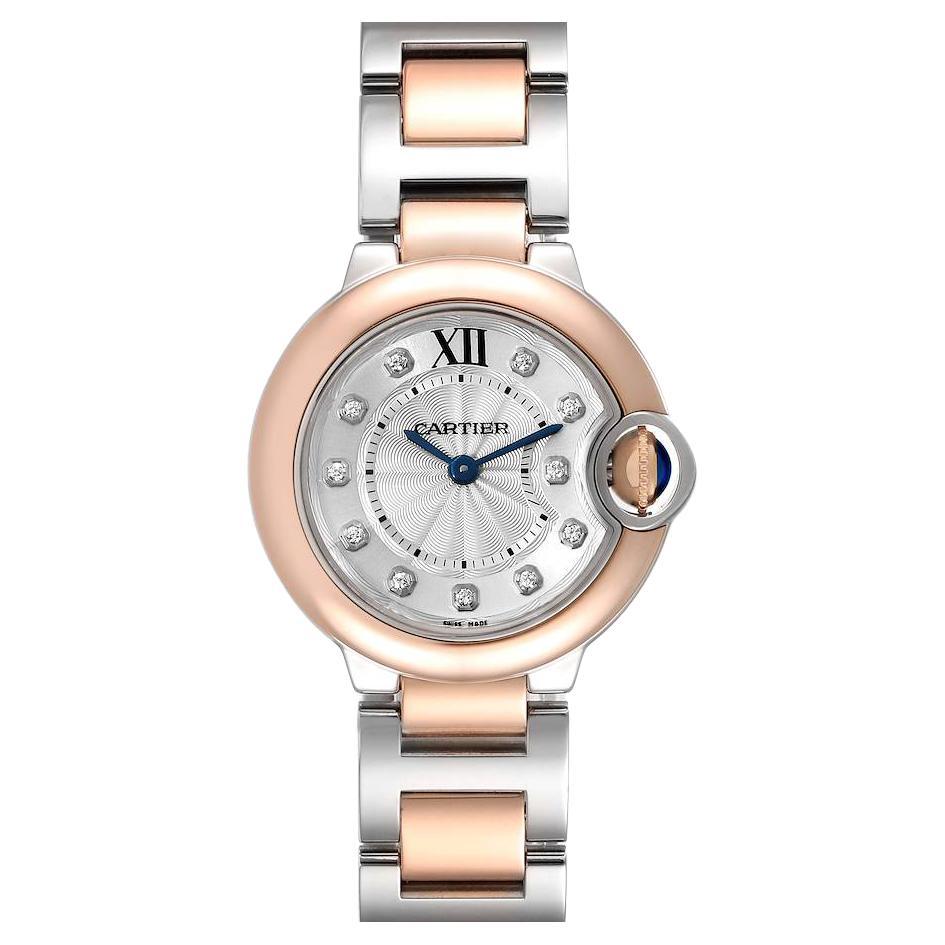 Cartier Ballon Blue 28 Steel Rose Gold Diamond Watch W3BB0005 Box Papers For Sale