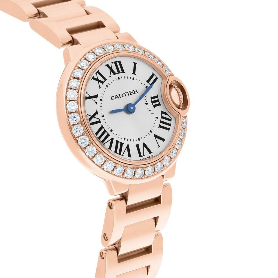 Cartier Ballon Blue 28mm Rose Gold Diamond Bezel Ladies Watch WJBB0015 In Excellent Condition In New York, NY