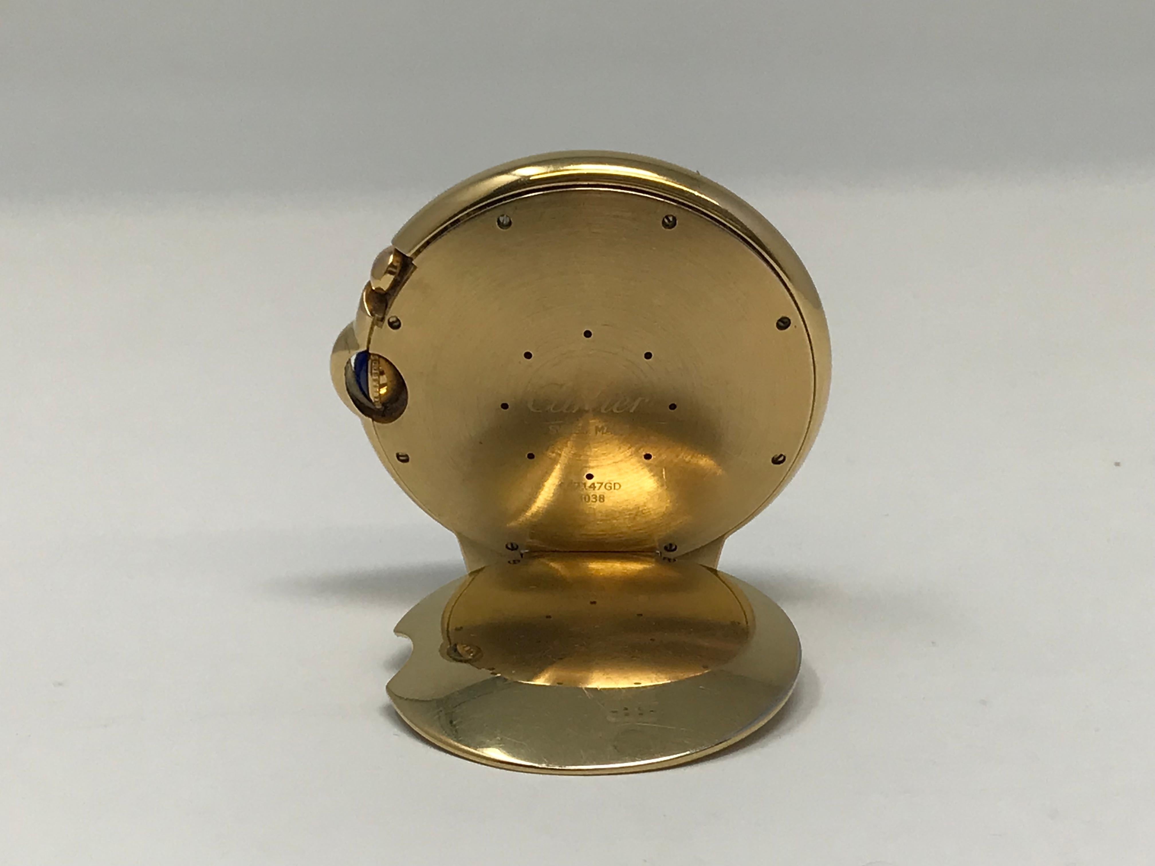 Women's or Men's Cartier Ballon Blue Desk Clock Gold Tone Alarm Ref 3038 For Sale