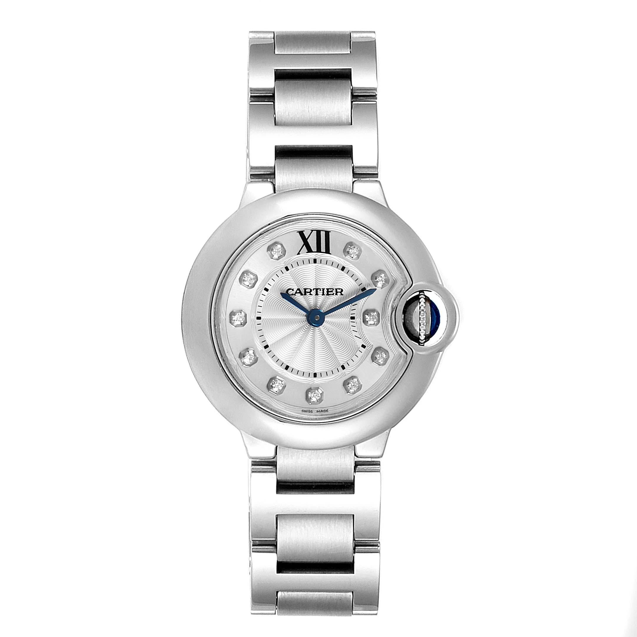 Cartier Ballon Blue Diamond Dial Steel Ladies Watch WE902073 Box Papers. Quartz movement. Round stainless steel case 29.0 mm in diameter. Fluted crown set with the blue spinel cabochon. Stainless steel smooth bezel. Scratch resistant sapphire
