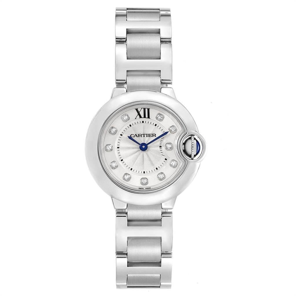 Cartier Ballon Blue Silver Diamond Dial Steel Ladies Watch WE902073. Quartz movement. Caliber 049. Round stainless steel case 29.0 mm in diameter. Fluted crown set with the blue spinel cabochon. Stainless steel smooth bezel. Scratch resistant