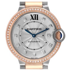 Cartier Ballon Blue Steel Rose Gold Diamond Ladies Watch W3BB0004 Box Papers