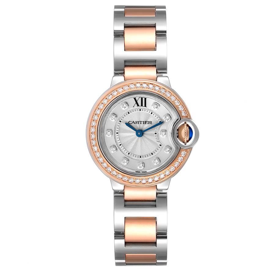 Cartier Ballon Blue Steel Rose Gold Diamond Ladies Watch W3BB0009 Box Card. Quartz movement. Round stainless steel and Rose Gold case 28 mm in diameter. Fluted crown set with the blue spinel cabochon. Original Cartier factory diamond bezel. Scratch