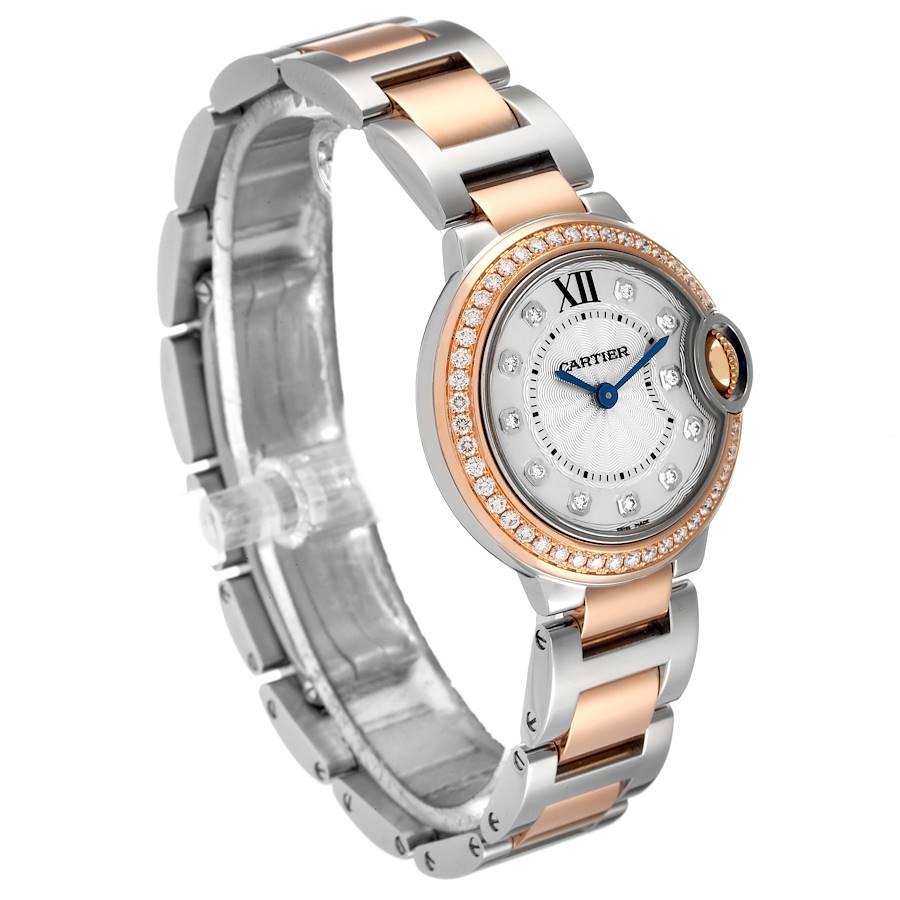 Cartier Ballon Blue Steel Rose Gold Diamond Ladies Watch W3BB0009 Box Card In Excellent Condition For Sale In Atlanta, GA