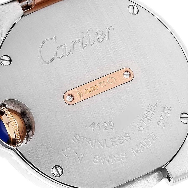 Cartier Ballon Blue Steel Rose Gold Diamond Ladies Watch W3BB0009 Box Card  For Sale at 1stDibs