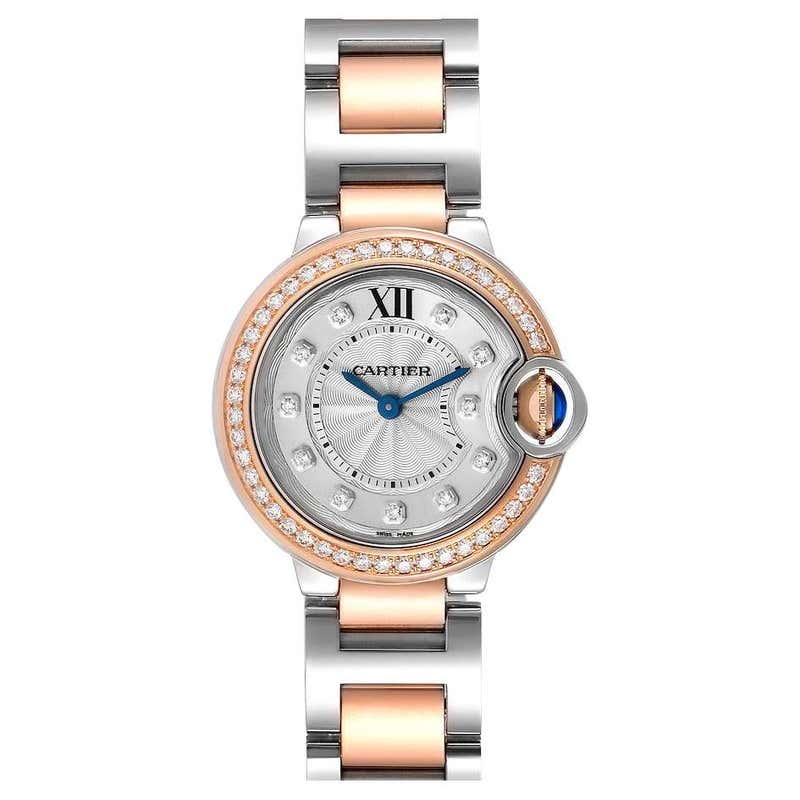 Cartier Ballon Blue Steel Rose Gold Diamond Ladies Watch W3BB0009 Box ...