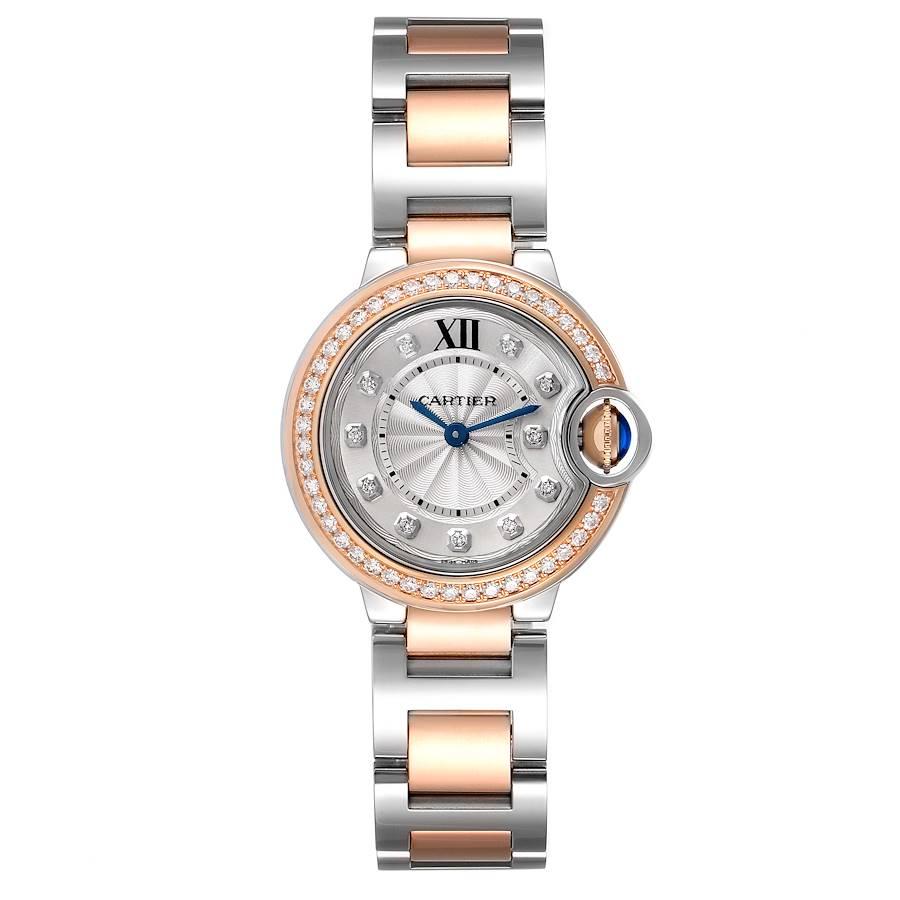 Cartier Ballon Blue Steel Rose Gold Diamond Ladies Watch W3BB0009 Box Papers. Quartz movement. Round stainless steel and Rose Gold case 28 mm in diameter. Fluted crown set with the blue spinel cabochon. Original Cartier factory diamond bezel.