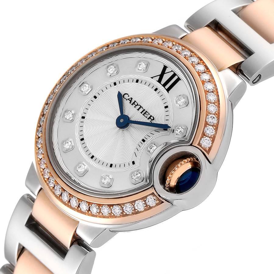 Cartier Ballon Blue Steel Rose Gold Diamond Ladies Watch W3BB0009 Box Papers In Excellent Condition For Sale In Atlanta, GA