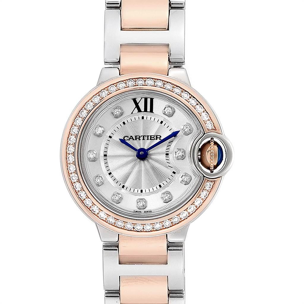Cartier Ballon Blue Steel Rose Gold Diamond Ladies Watch WE902076. Quartz movement. Round stainless steel and Rose Gold case 28 mm in diameter. Fluted crown set with the blue spinel cabochon. Original Cartier factory diamond bezel. Scratch resistant