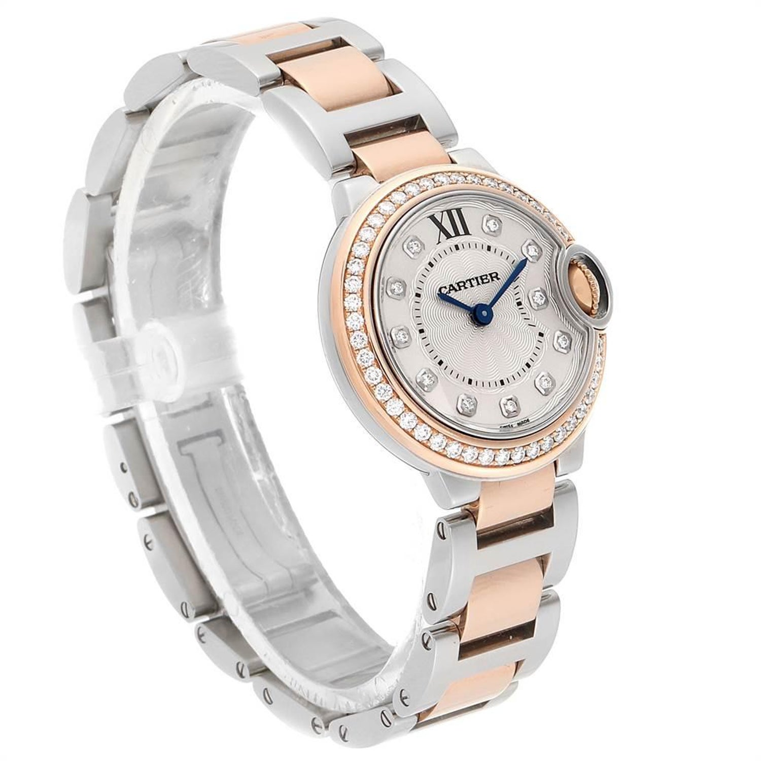 Cartier Ballon Blue Steel Rose Gold Diamond Ladies Watch We902076 For Sale At 1stdibs