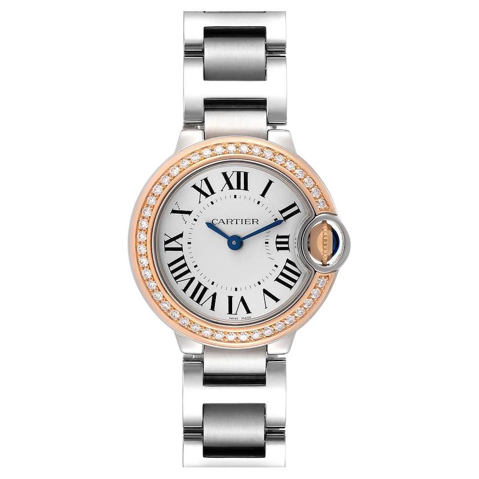 Cartier Ballon Blue Steel Rose Gold Diamond Ladies Watch WE902079 Box Card