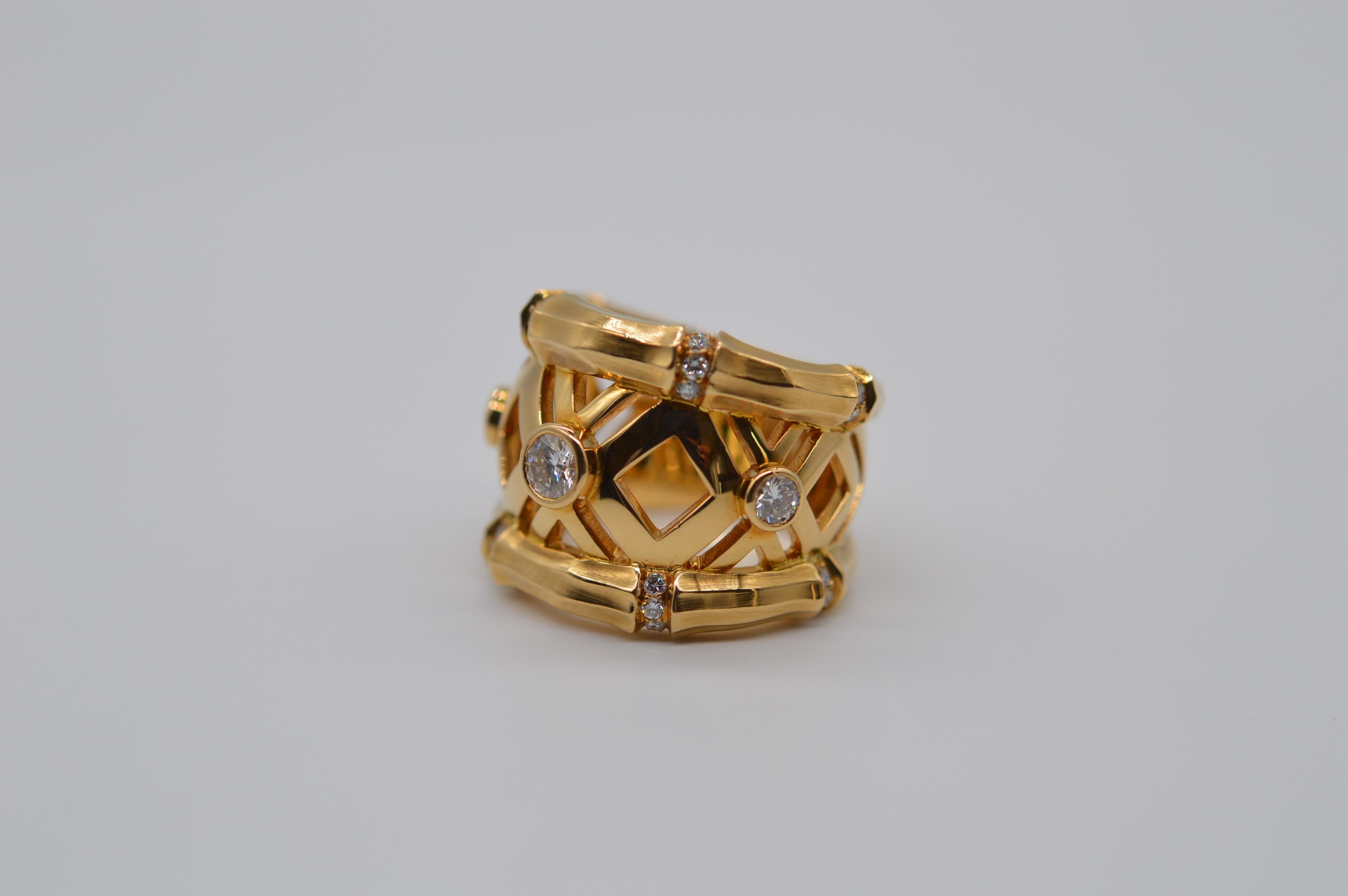 Cartier Bamboo 
18K Yellow Gold Ring
Size 58
Weight 18.9 grams
Diamond Setting
Set with 27 Round Diamonds for a total weight of 0.85 carats
Vintage unworn condition
With original certificate from Cartier 
From 2000