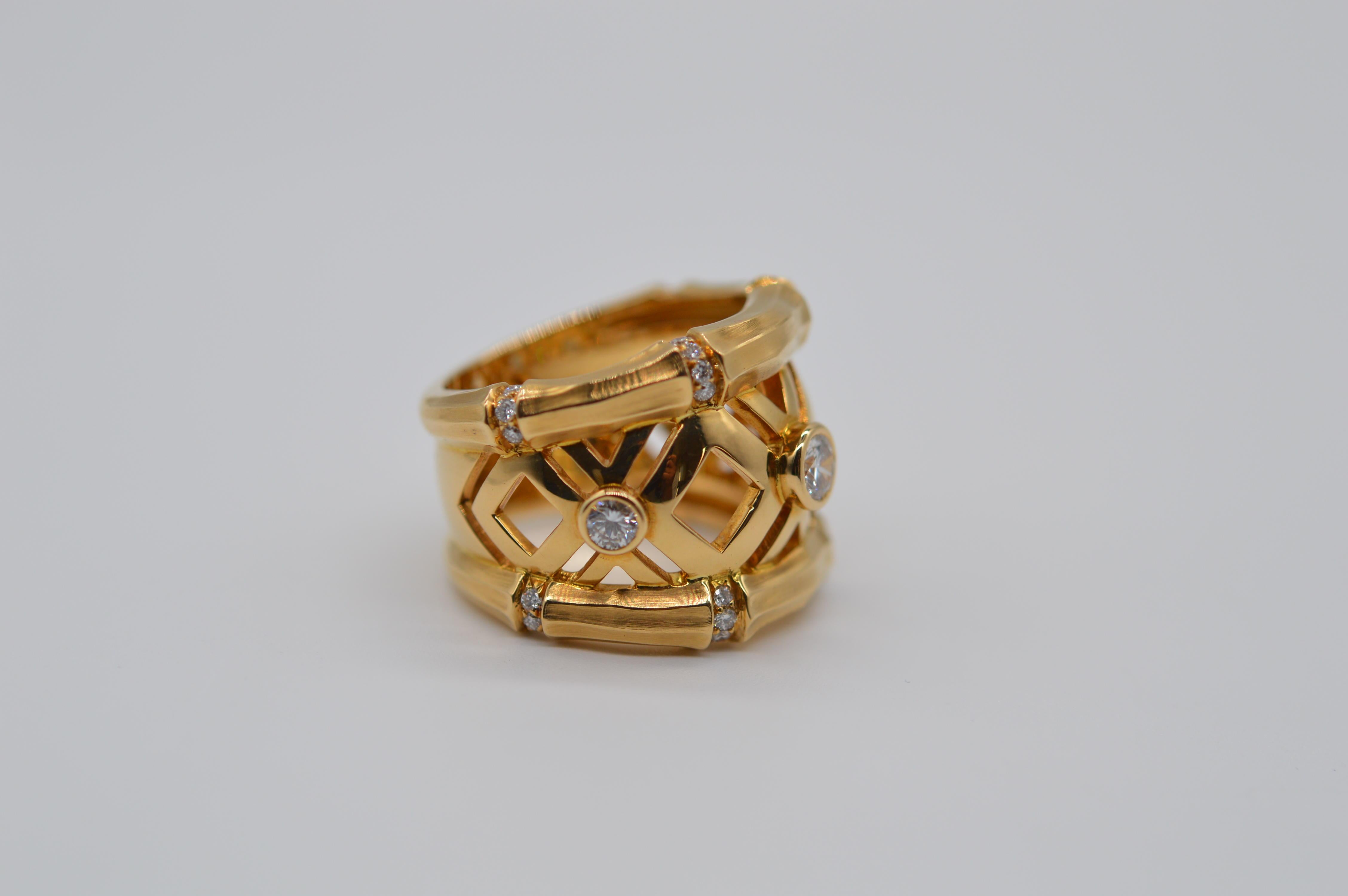 Round Cut Cartier Bamboo 18K Yellow Gold Ring with Diamonds Unworn For Sale