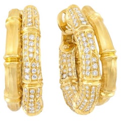 Cartier Bamboo Diamond 18k Gold Double Hoops Vintage Earrings Original Box