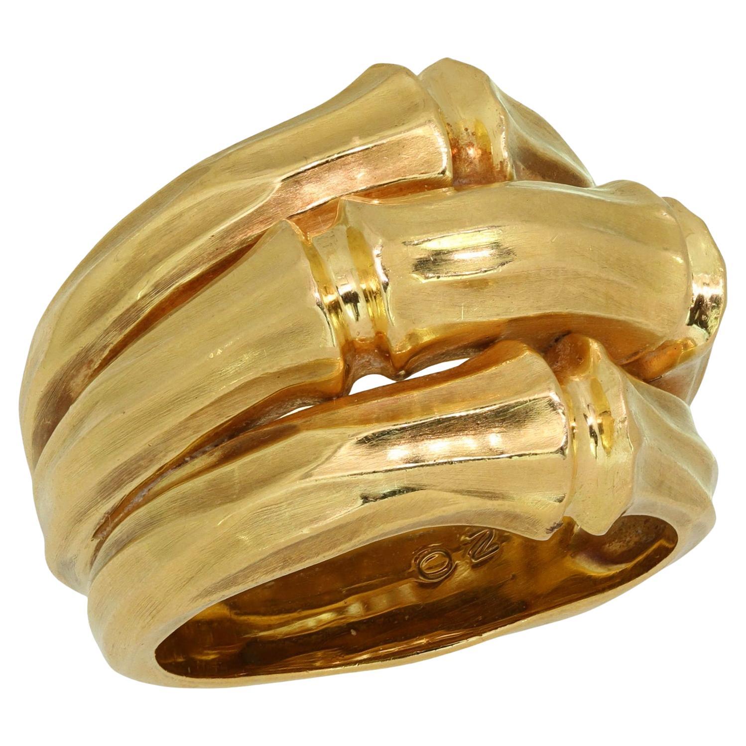 CARTIER Bamboo Yellow Gold 3 Row Ring Box Papers Size 53 For Sale