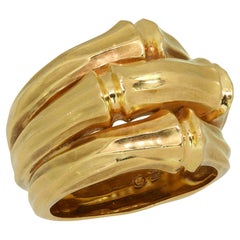 Retro CARTIER Bamboo Yellow Gold 3 Row Ring Box Papers Size 53