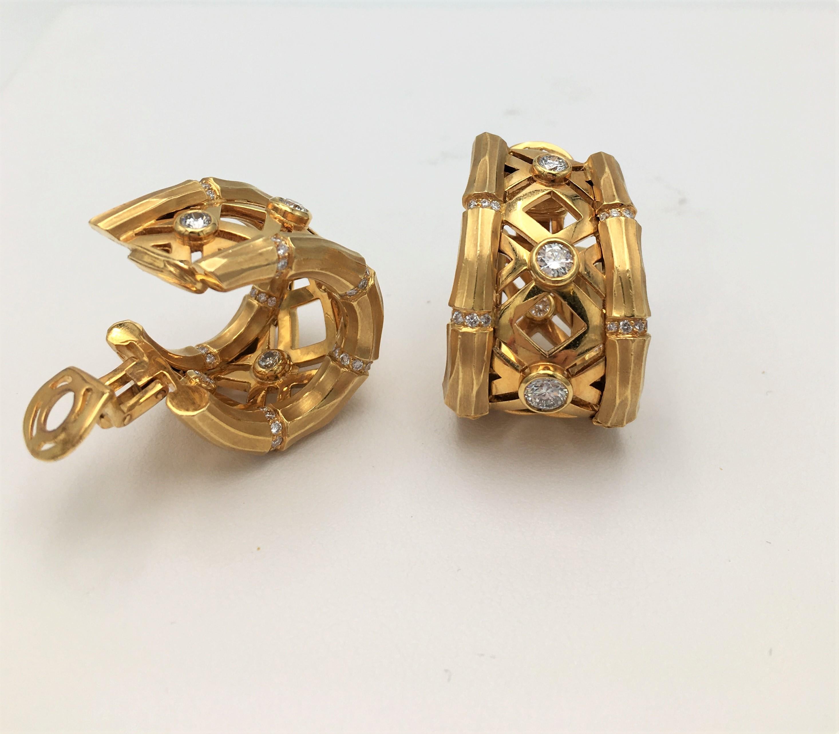 Cartier 'Bamboo' Yellow Gold and Diamond Earrings In Excellent Condition In New York, NY