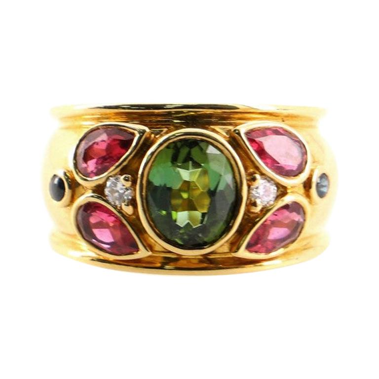 Cartier Band Ring 18k Yellow Gold with Tourmaline Sapphire and Diamond ...