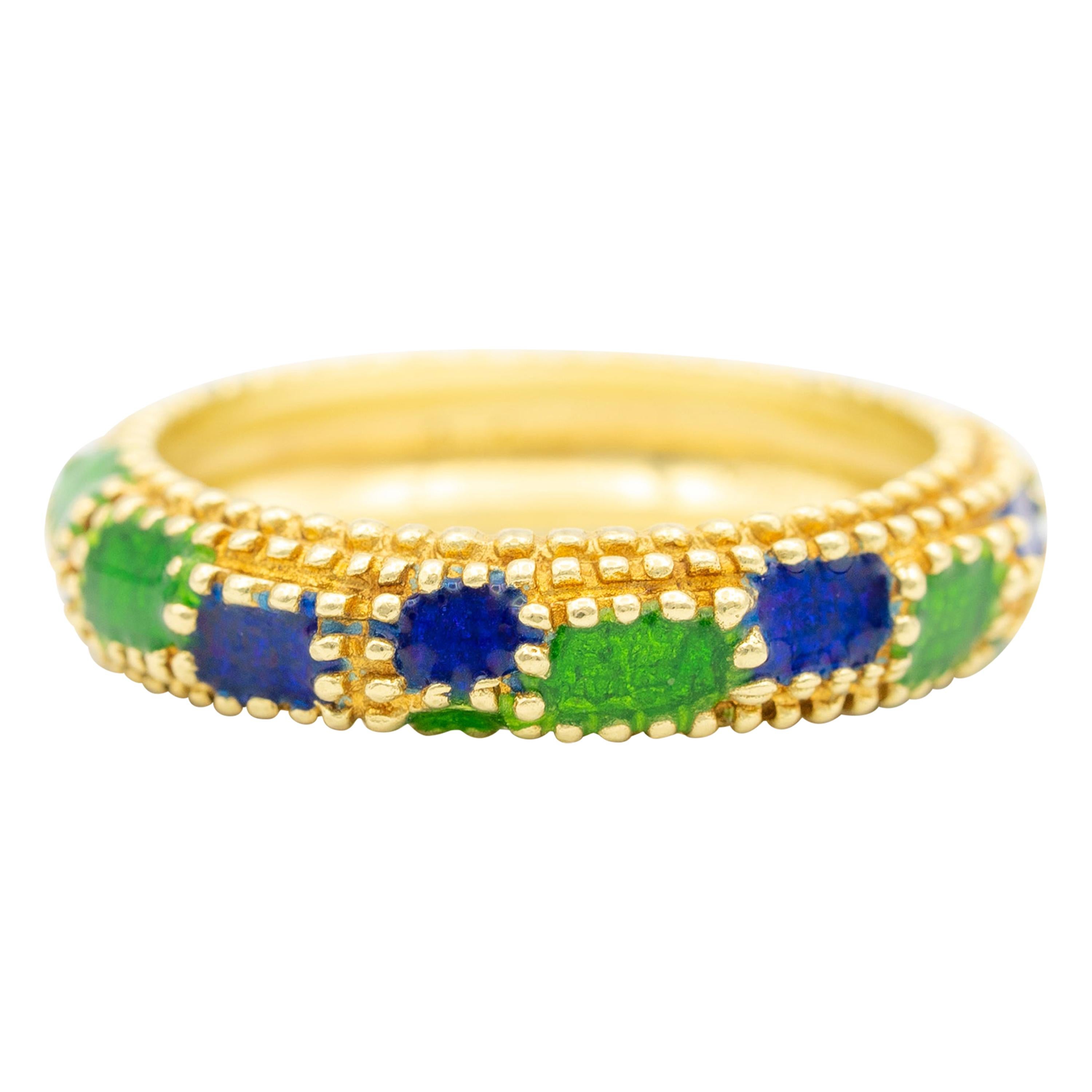 Cartier Beaded Green and Blue Enamel Ring, in 18 Karat Yellow Gold, circa 1960s