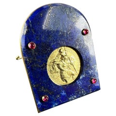 Cartier Becker St Christopher 18 Karat Yellow Gold Medal Lapis Lazuli Ruby Frame