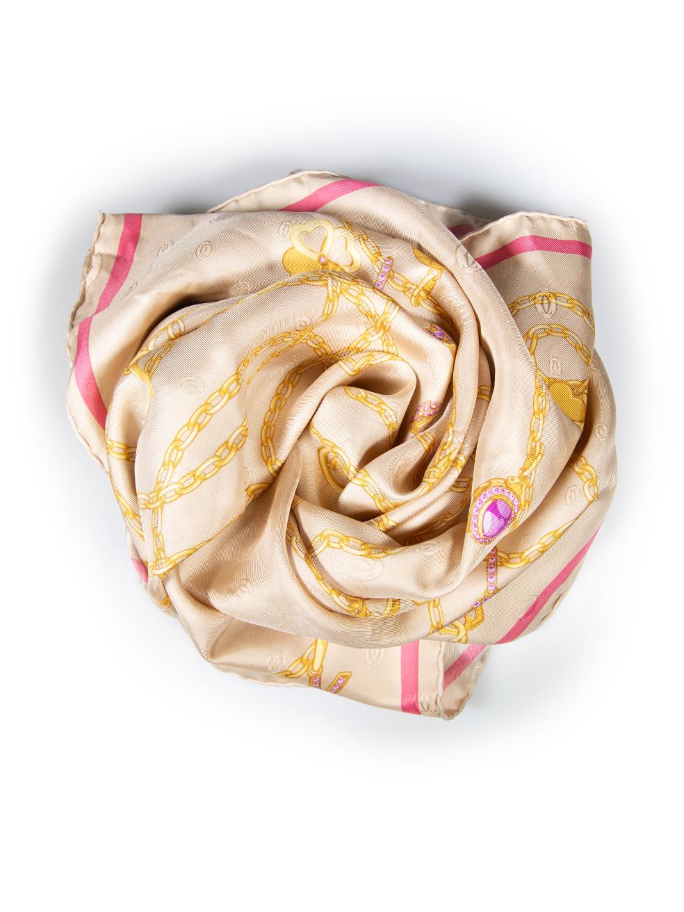 CONDITION is Very good. General wear to scarf is evident. Moderate signs of wear on the front and back with discolouration on this used Cartier designer resale item.



Details


Beige

Silk

Square scarf

Heart and floral chain print





Made in
