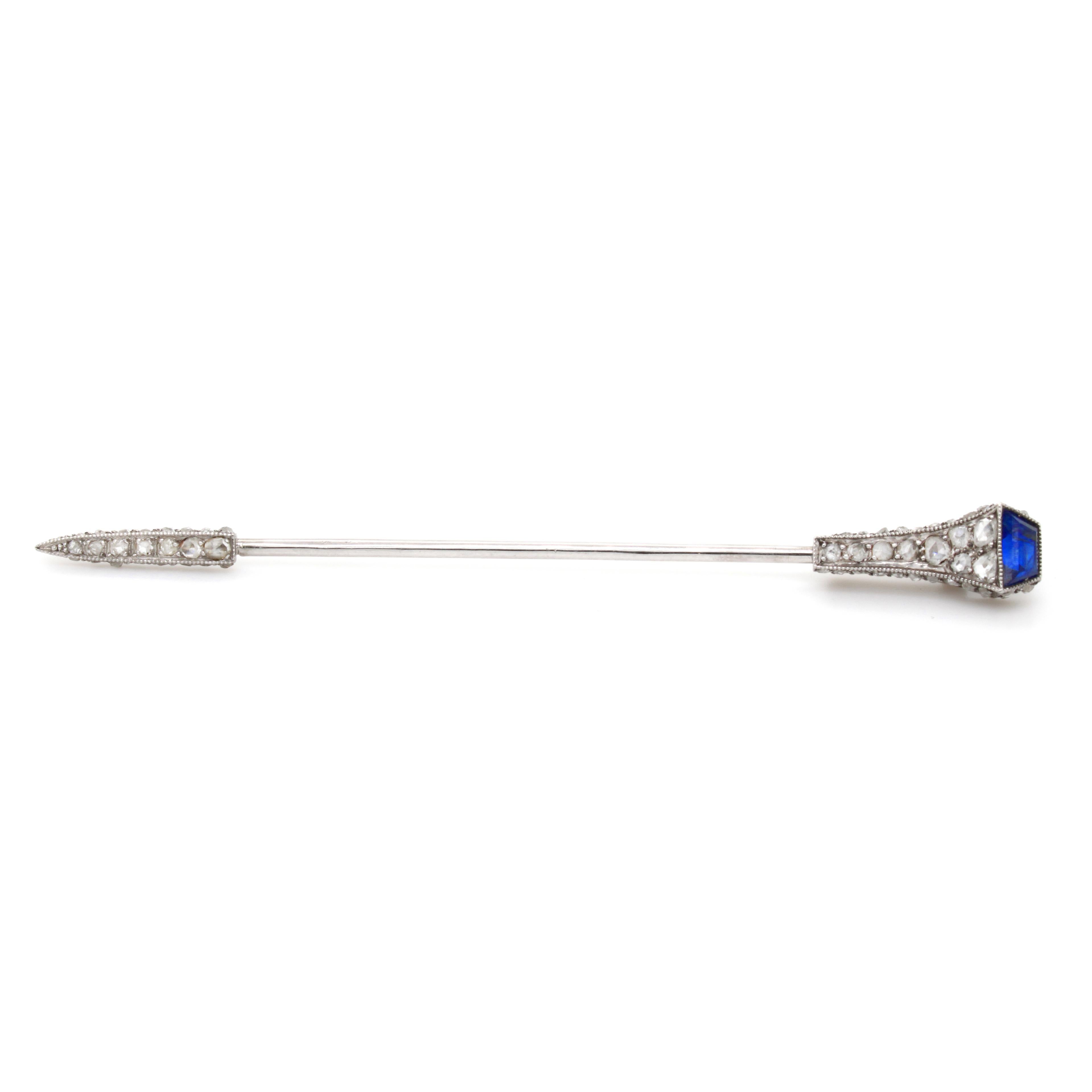 Cartier Belle Epoch Sapphire and Diamond Jabot Pin, ca. 1910s

A very chic and iconic Cartier sapphire and diamond jabot stick pin from the 1910s. It is set with a cornflower blue tapered cut sapphire and numerous rose cut diamonds. 

The design is