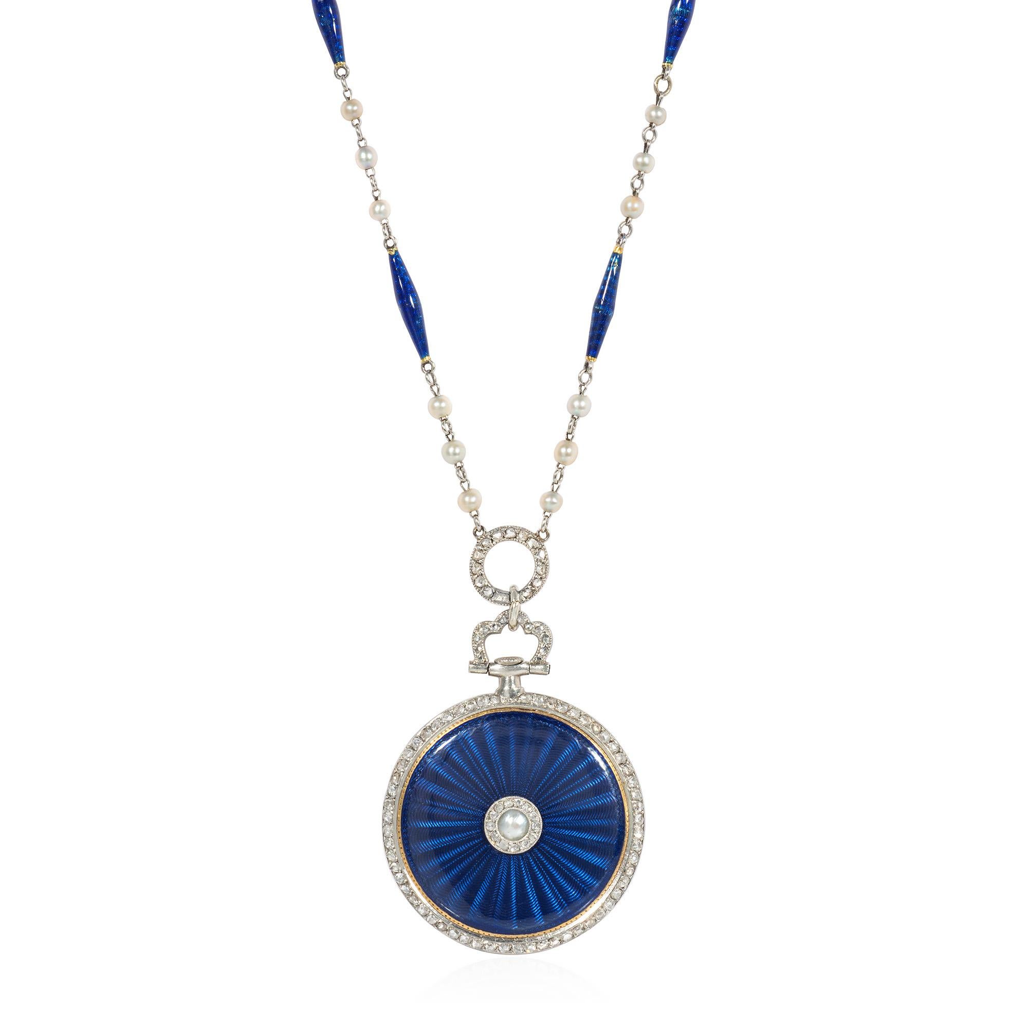 A Belle Epoque period enamel, diamond, and pearl pendant watch composed of a blue guilloché enamel case centering on a pearl in a rose diamond surround, with rose diamond border and bail, the face featuring Arabic indexes, suspending from an