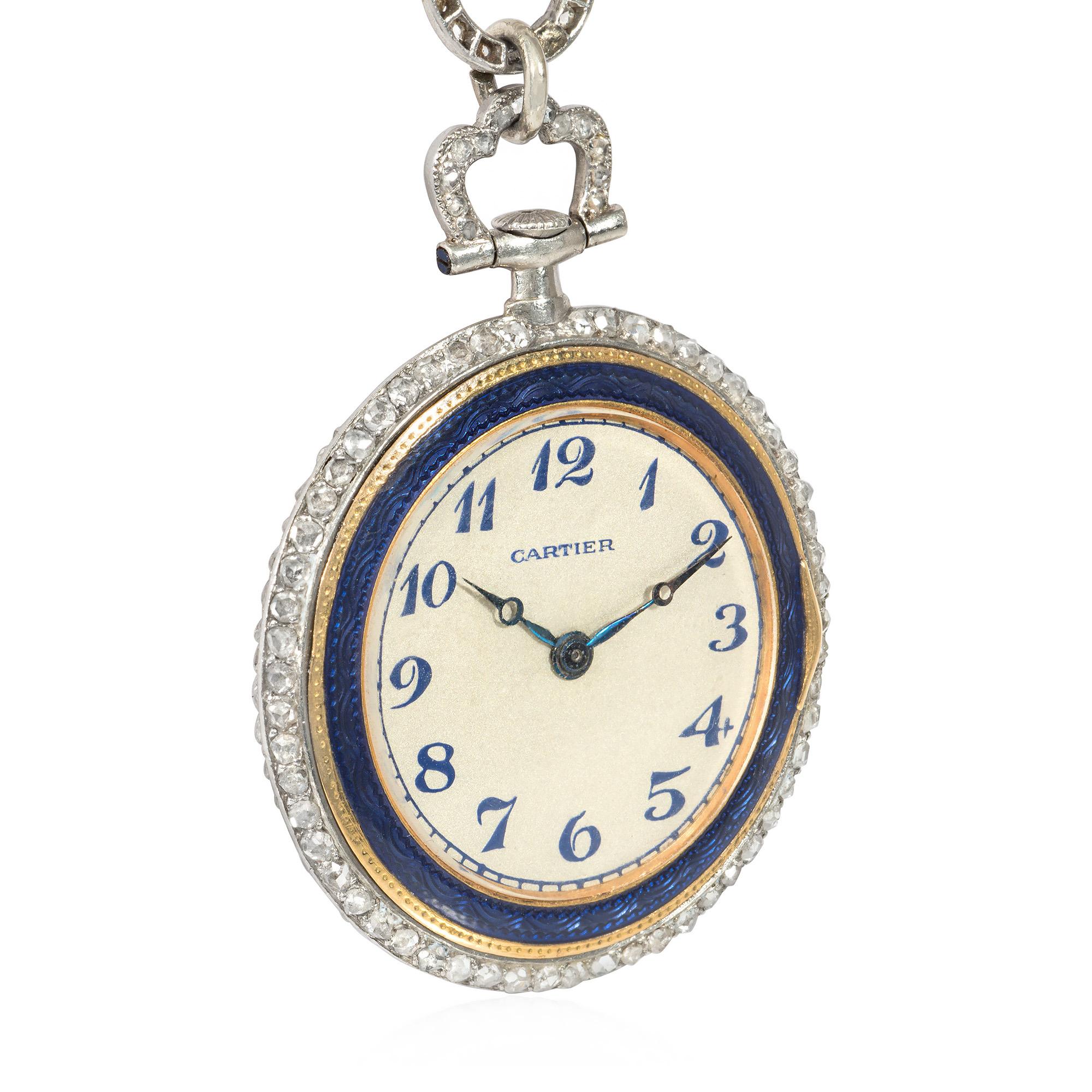 Belle Époque Cartier Belle Epoque Blue Enamel, Diamond, and Pearl Pendant Watch on Chain