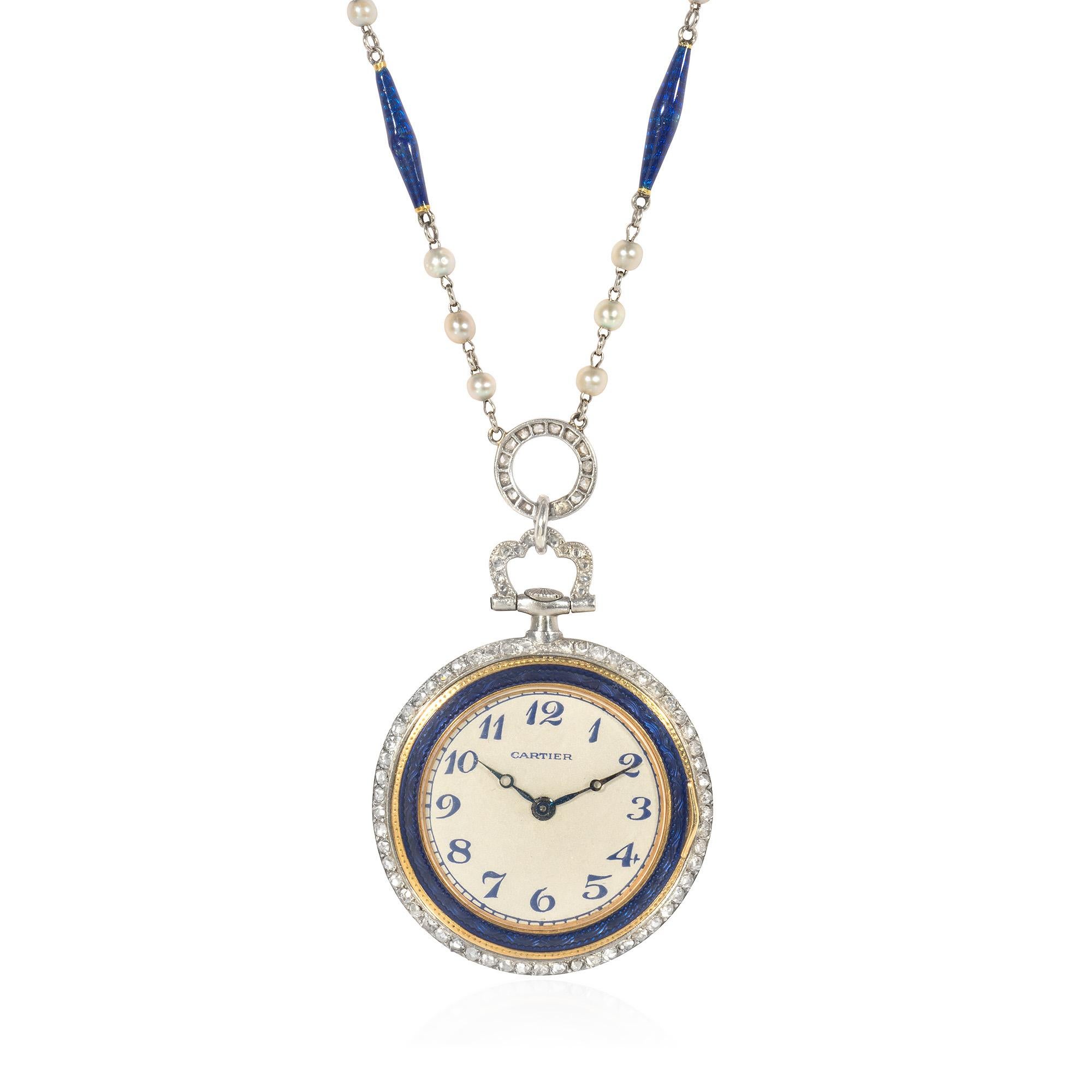 Rose Cut Cartier Belle Epoque Blue Enamel, Diamond, and Pearl Pendant Watch on Chain For Sale